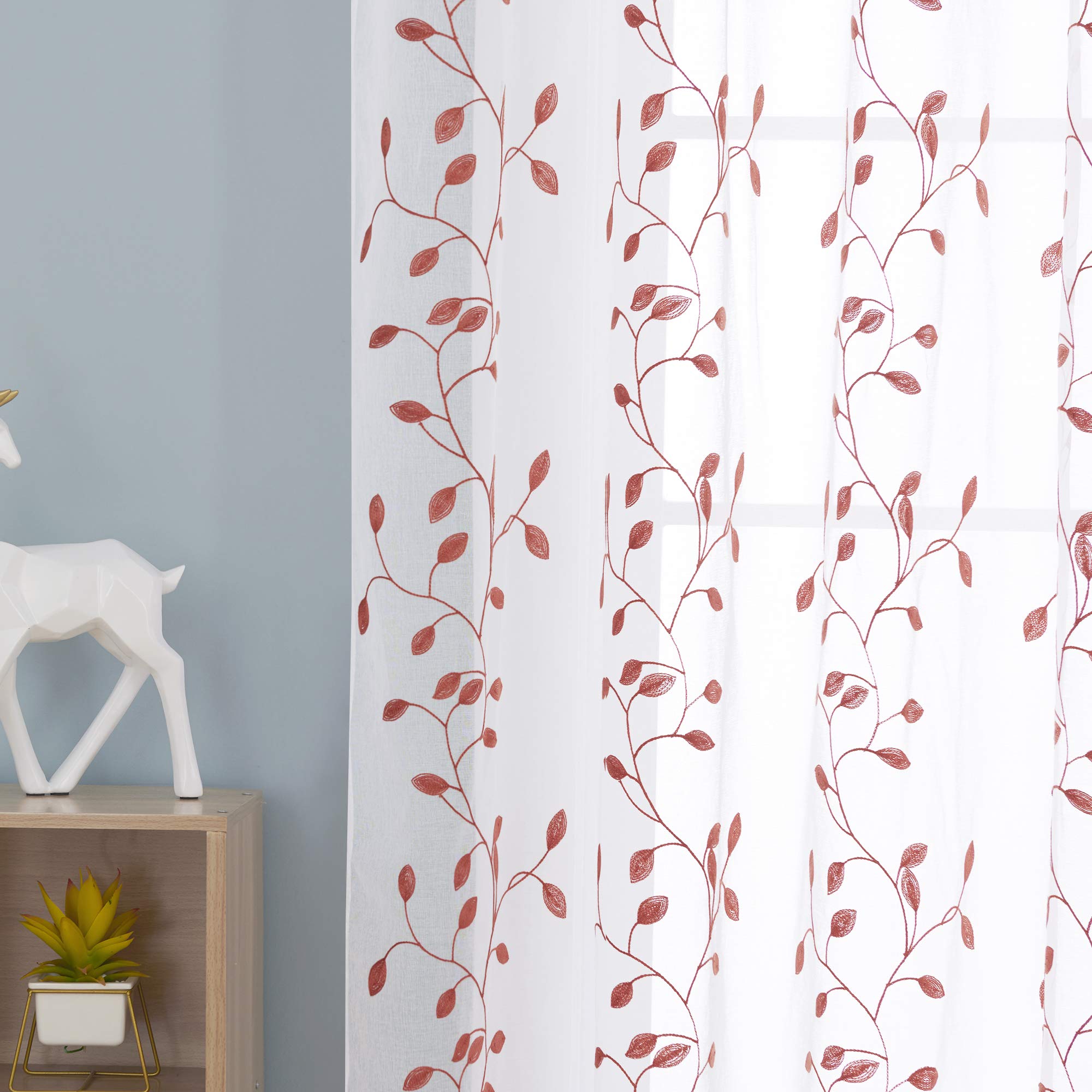 Deconovo Set of 2 Net Curtains for Girls Boys and Children Faux Linen with Eyelets Orange Pattern 140 x 138 cm (L x H) - Image 3
