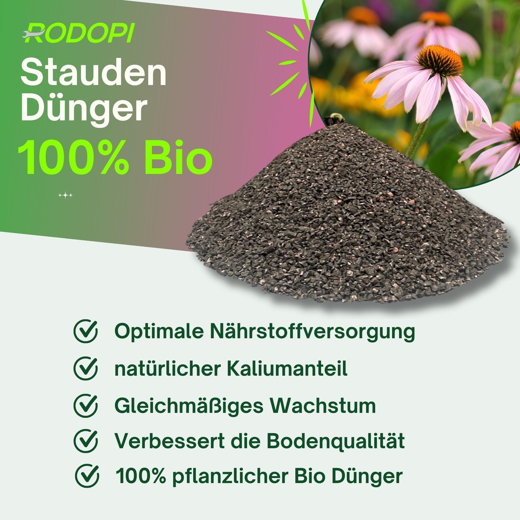 Rodopi Bio-Staudendünger Granulat 7-3-8 – 3 Monate Langzeitwirkung – 100% pflanzlich & tierfrei – Organischer NPK-Dünger mit Eisen & Mykorrhiza – Ideal für Blütenstauden, Gräser & Bodendecker 7kg
