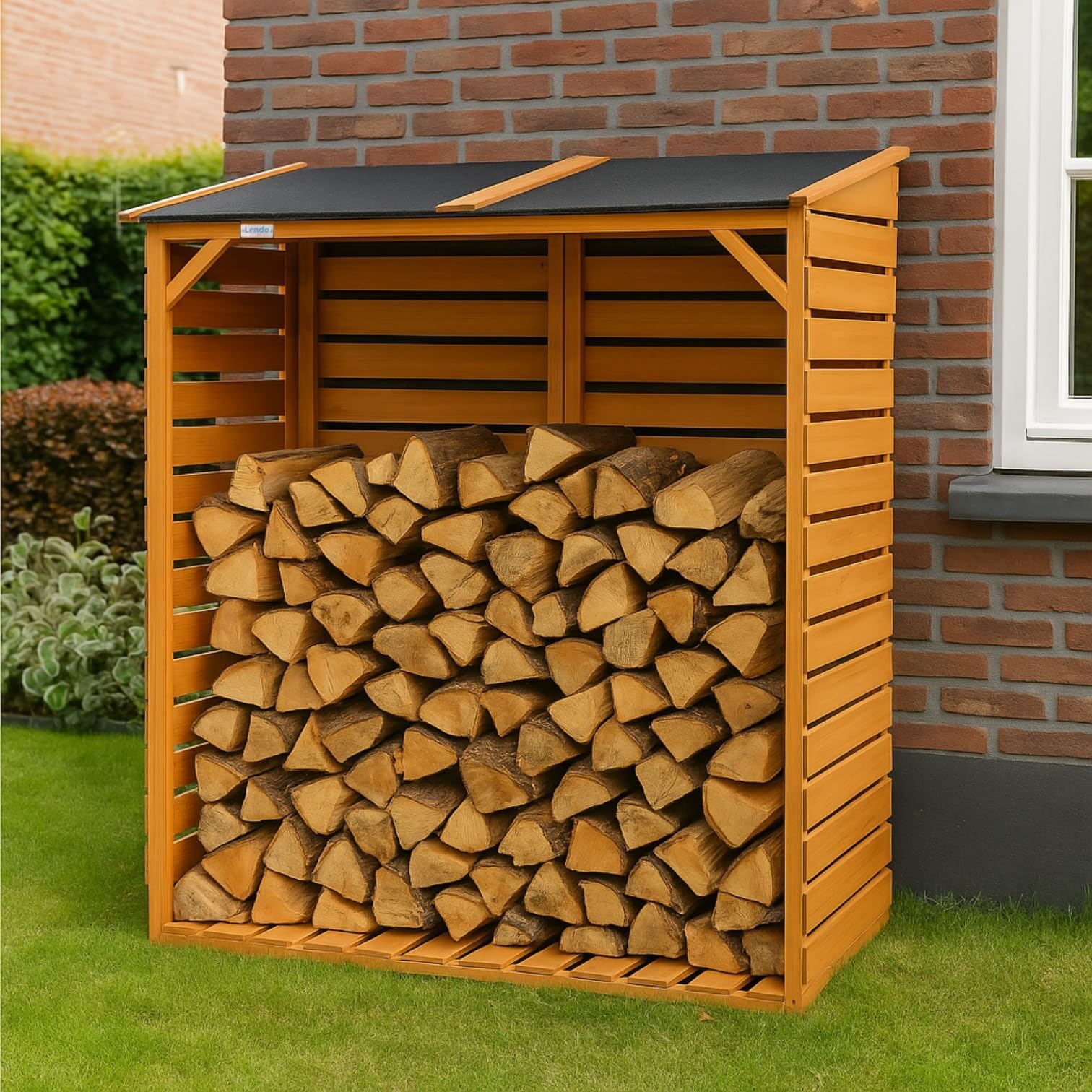 Legnaia in Legno Impregnato da Esterno con Tettoia – Portalegna da Giardino Coperto per Legna da Ardere – Struttura 118x59x158 cm (Marrone Miele)