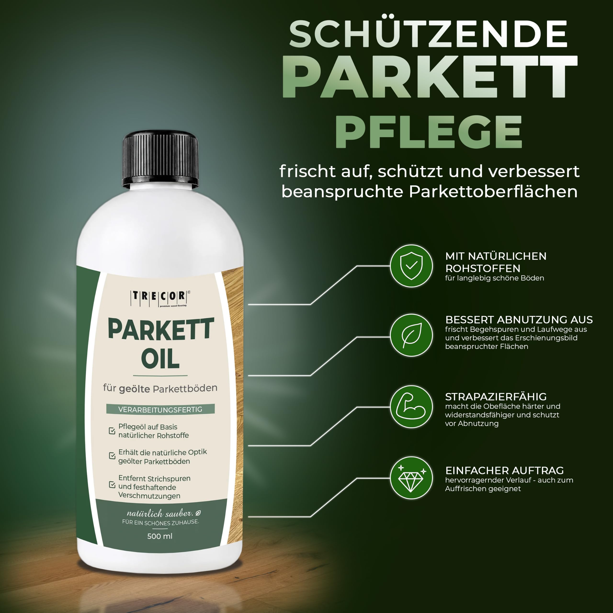 Producto de mantenimiento TRECOR para suelos de parqué aceitados, protege contra el desgaste y la humedad, sin disolventes (1000 ml, producto de mantenimiento para suelos de parqué aceitados)