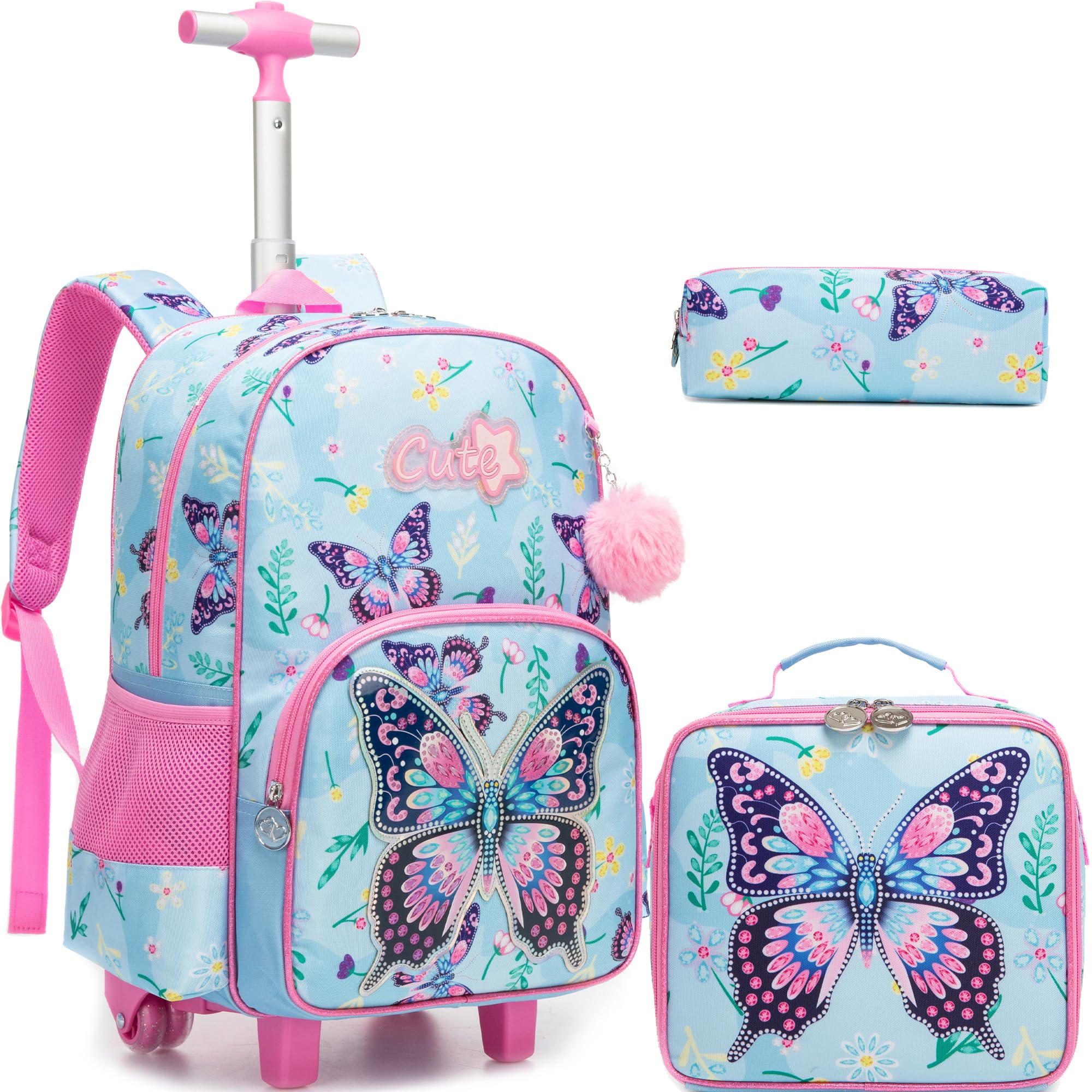Meetbelify Sac à dos à roulettes pour enfants avec roulettes pour filles et garçons, sacs à dos à roulettes avec boîte à déjeuner pour élèves du primaire, 01 Papillon rose