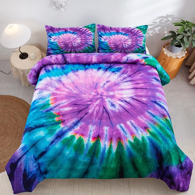 Tie Dye Duvet Cover Double Bohemian Hippie Bedding Set Soft Microfiber Duvet Cover 3PCs with Zipper Closure for Boys Girls (Double, 200x200cm)