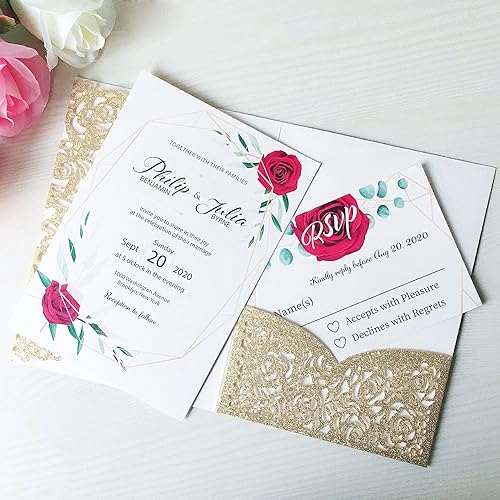 Miniatura 3 de 20 tarjetas de invitaciones de boda de 5.1 x 7.1 pulgadas, cortadas con láser, con sobres y cintas para boda, despedida de soltera, compromiso,