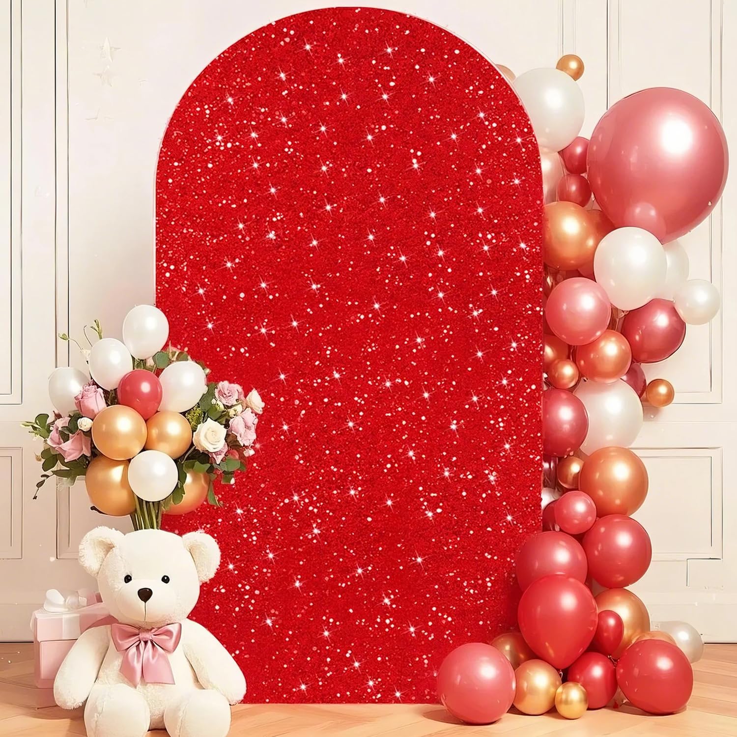 PATYDEST 6.6FT Seuqin Arch Cover Glitter Red Wedding Arch Covers Round Top Chiara Backdrop Cover Fabric Spandex Arch Backdrop Panels 2-Sided Arched
