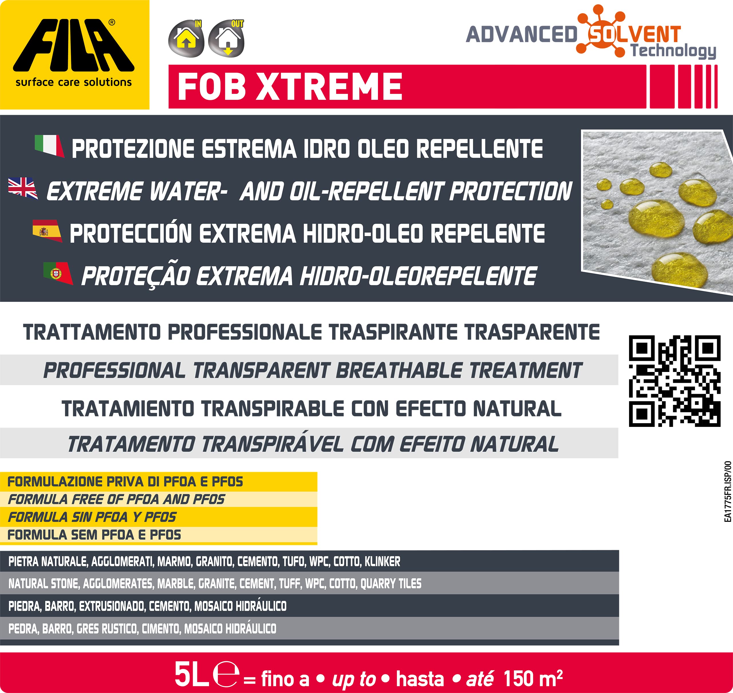 FILA Surface Care Solutions, FOB XTREME, Protettivo Antimacchia Traspirante ad Alta Performance, Blocca l'Assorbimento di Sostanze Oleose, Grasse (oli, sapone, shampoo), Colorate e Acqua, 5L