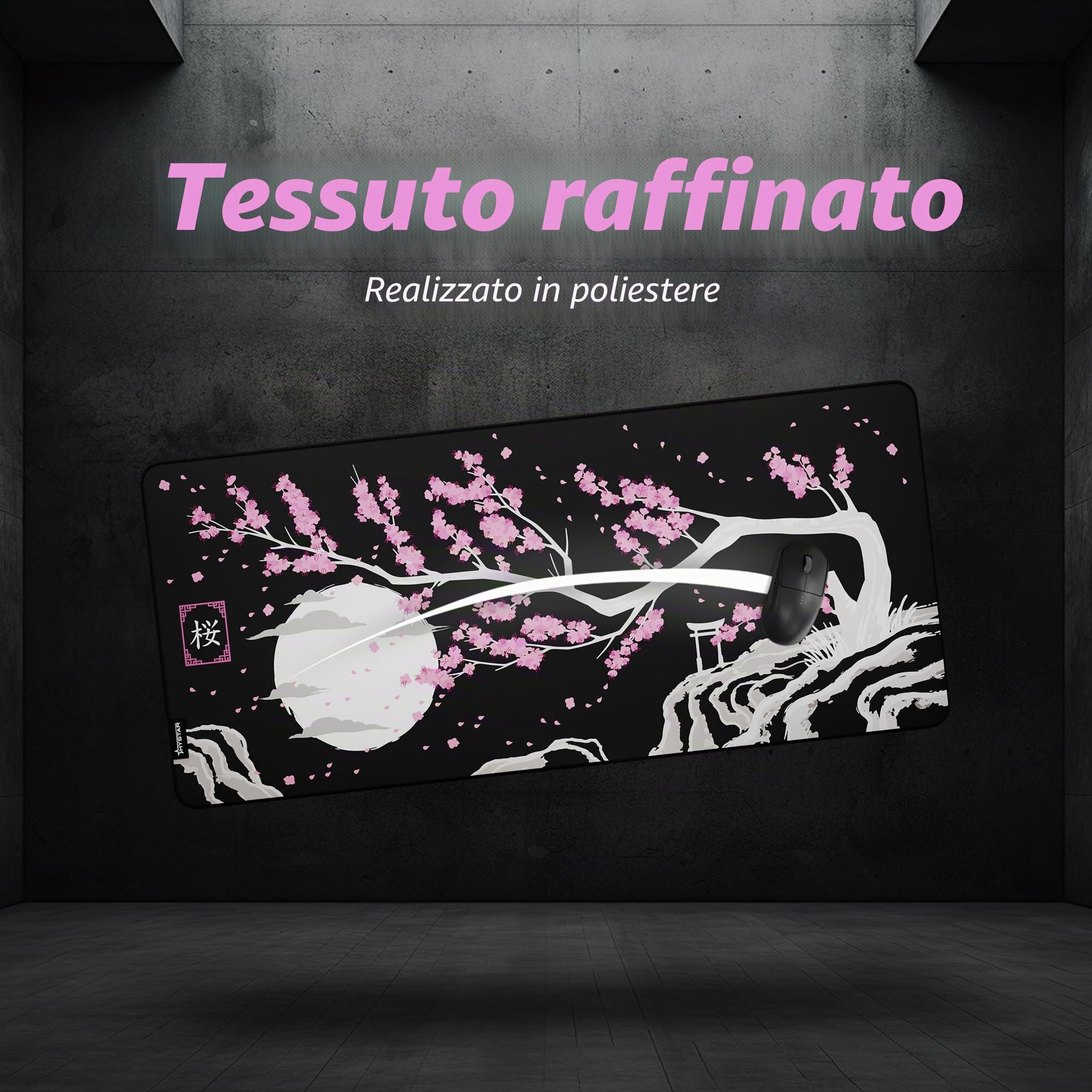 Hystar Tappetino per mouse da gioco esteso | XXL 91,4 x 40,6 cm | Spessore 5 mm, superficie impermeabile, tessuto in poliestere liscio e base in gomma naturale | Sakura Dark