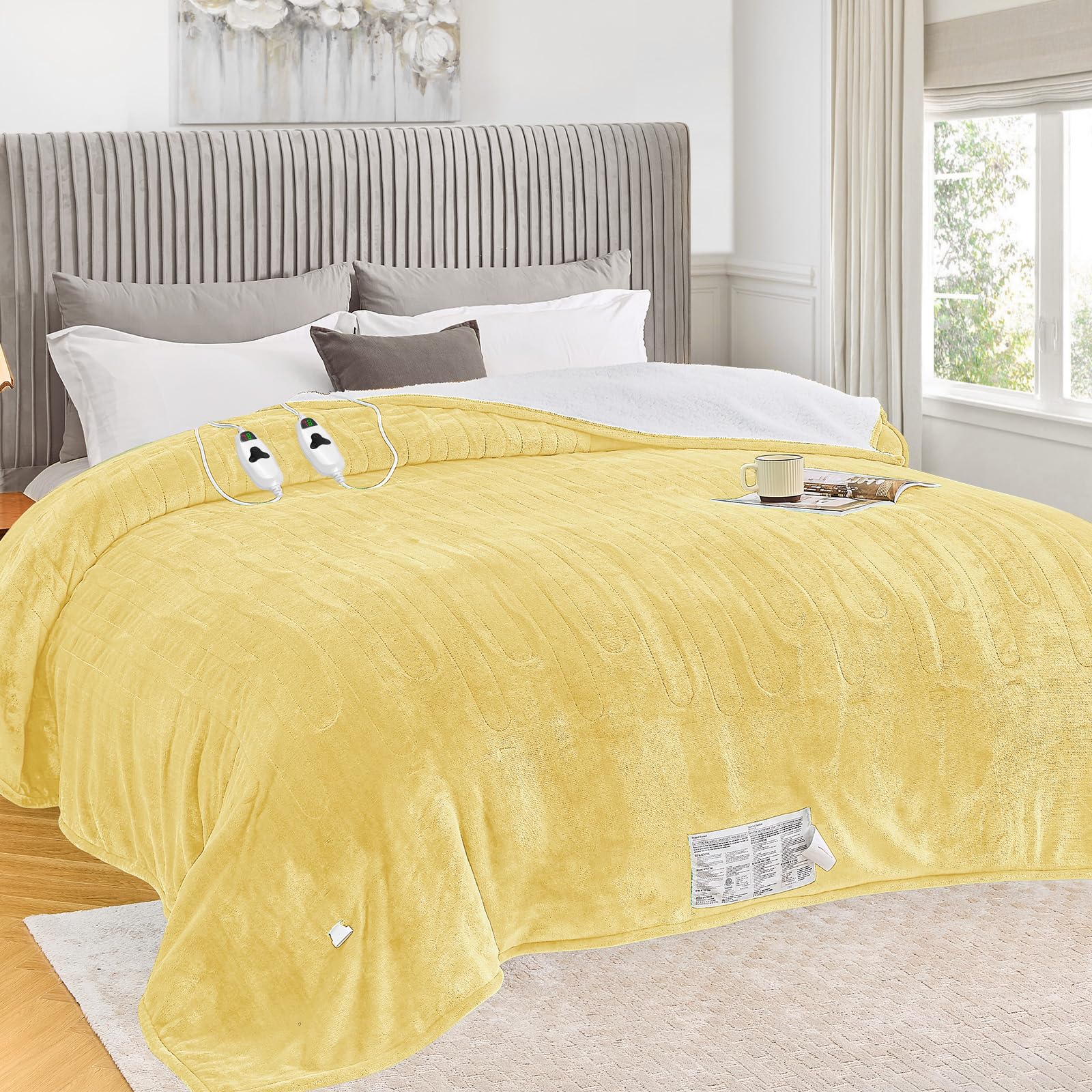 greenoak Heated Blanket Electric Queen Size 84"X90" Dual Control, Heating Blankets with 10 Levels 8 Hours Auto-Off Overheat Protection, Soft Flannel Sherpa Fluffy House Warming GIF,ETL Cream Yellow
