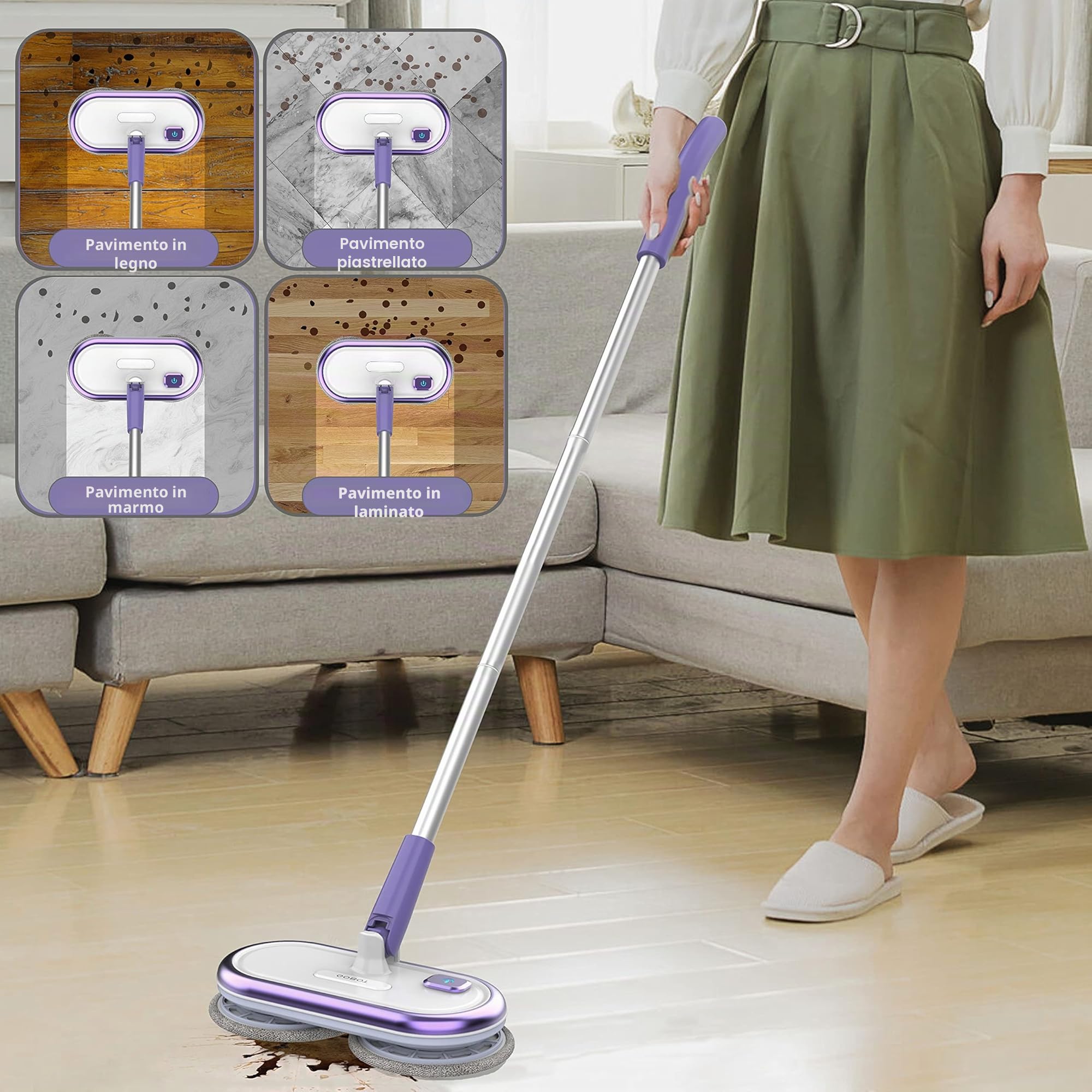 GOBOT Scopa elettrica per la pulizia del pavimento, a doppia rotazione, senza fili, adatta a pavimenti in legno duro e piastrelle, 4 cuscinetti in fibra, 2 tamponi di