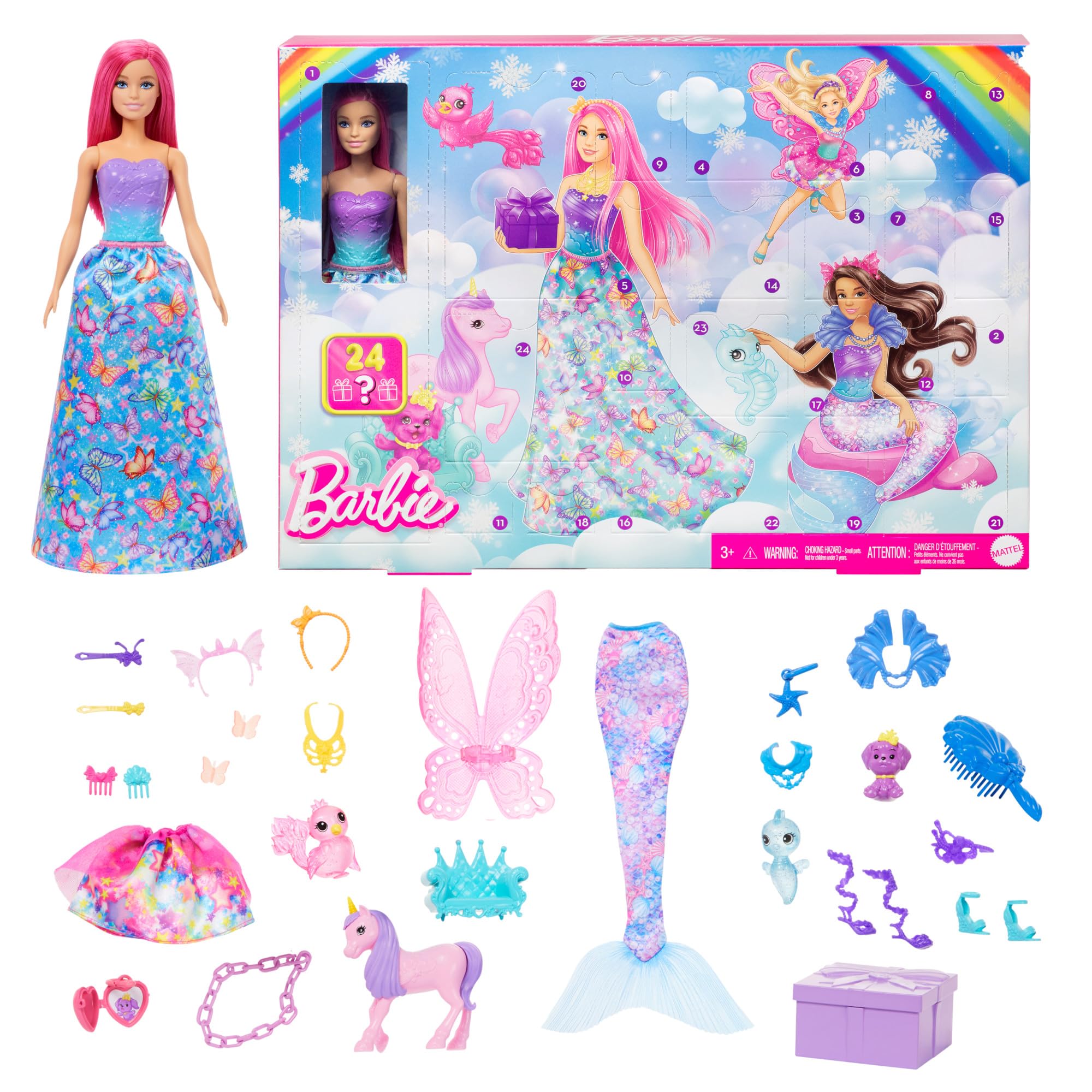 Barbie - Calendario Dell'avvento Dreamtopia, Bambola Barbie Dai Capelli Rosa E 24 Accessori A Sorpresa Inclusi Tra Cui Un Unicorno E 3 Cuccioli, Giocattolo Per Bambini, 3+ Anni, HRG90-image
