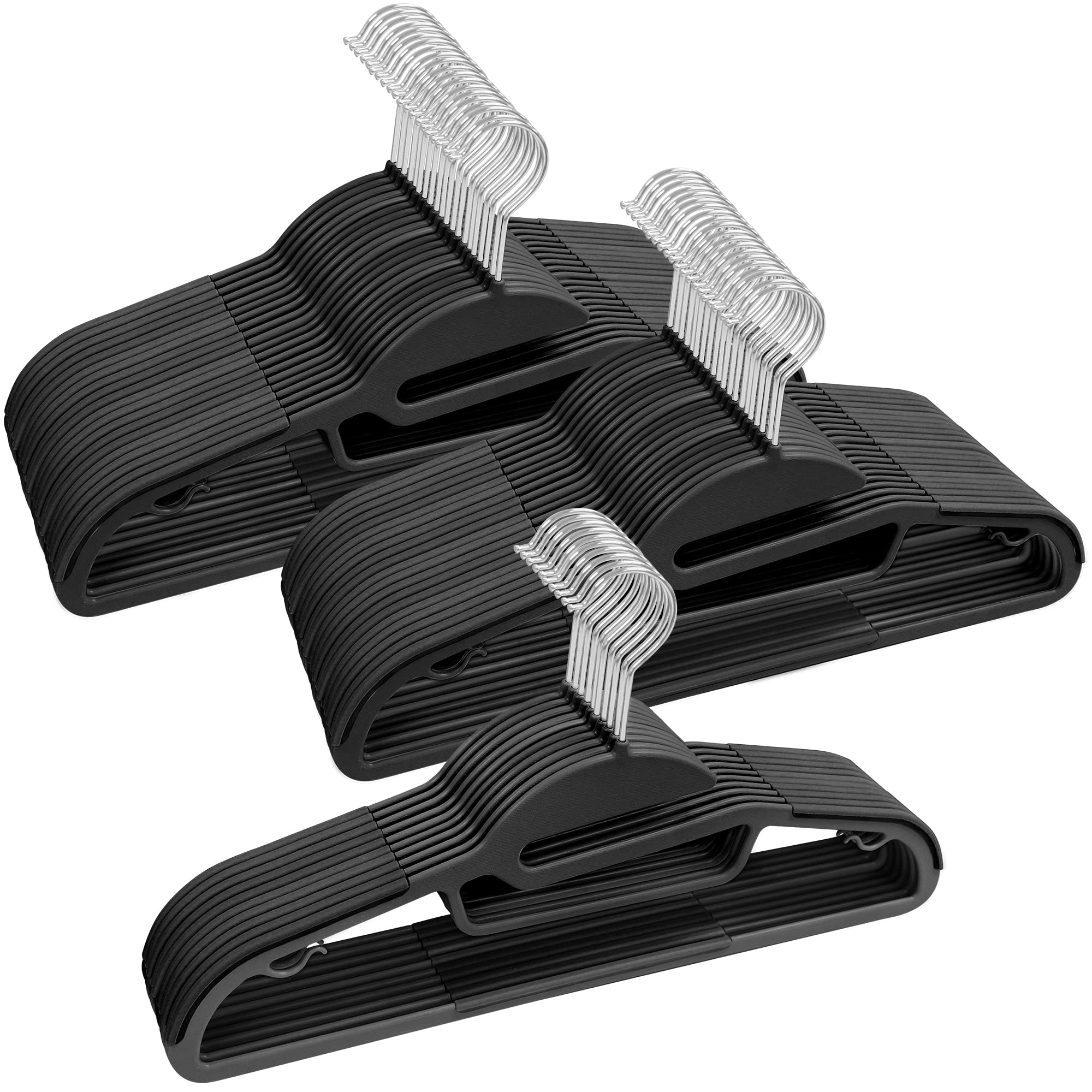 GRANDMA SHARK Non-Slip Plastic Clothes Hangers, Low Profile Hanger with Tie Organizer and 360° Hook for Coats, Jackets and Suits (Black, 50)