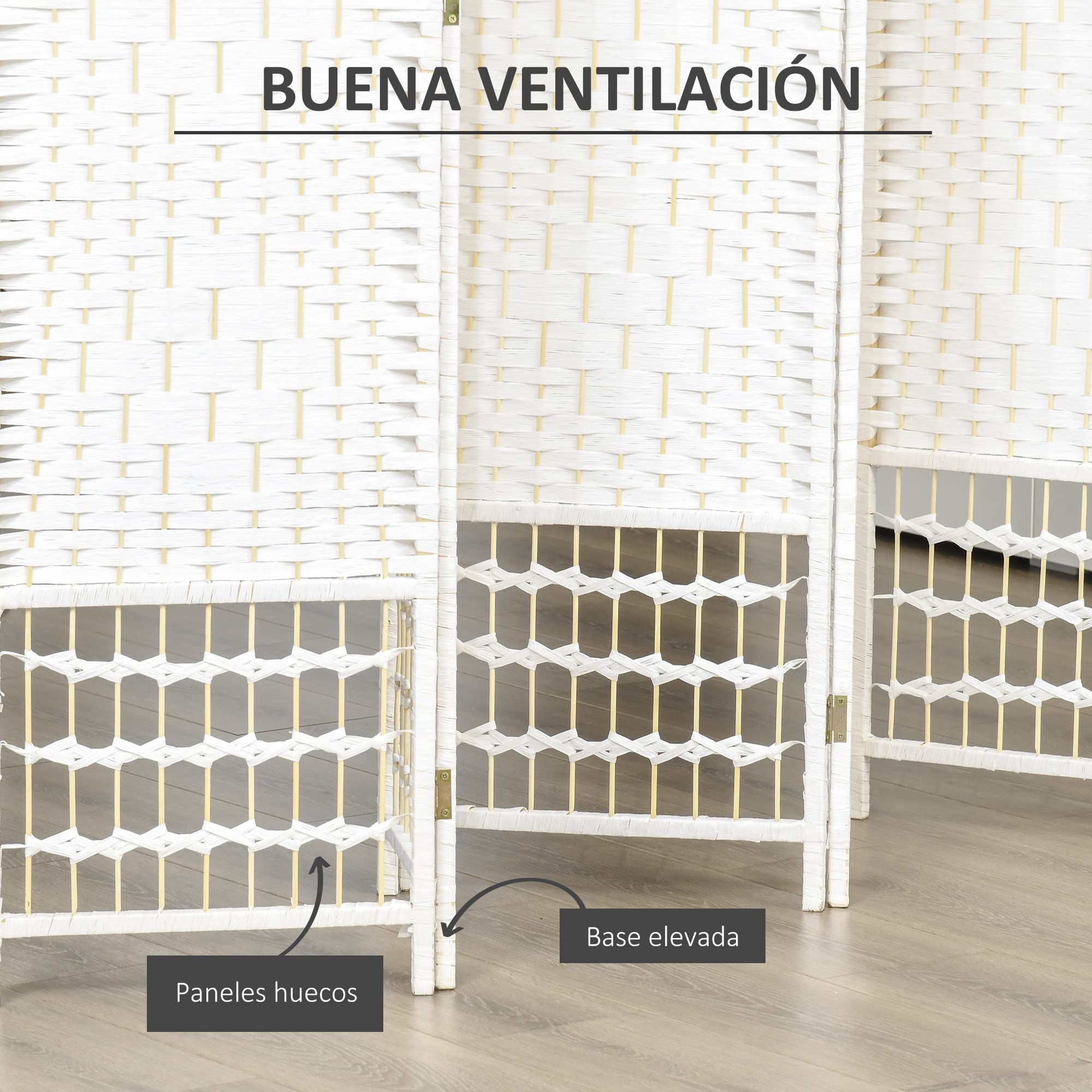 HOMCOM Biombo de 6 Paneles Separador de Ambientes Plegable 242x170 cm Divisor de Habitación de Fibra de Papel y Marco de Madera Decoración Elegante para Dormitorio Salón Blanco