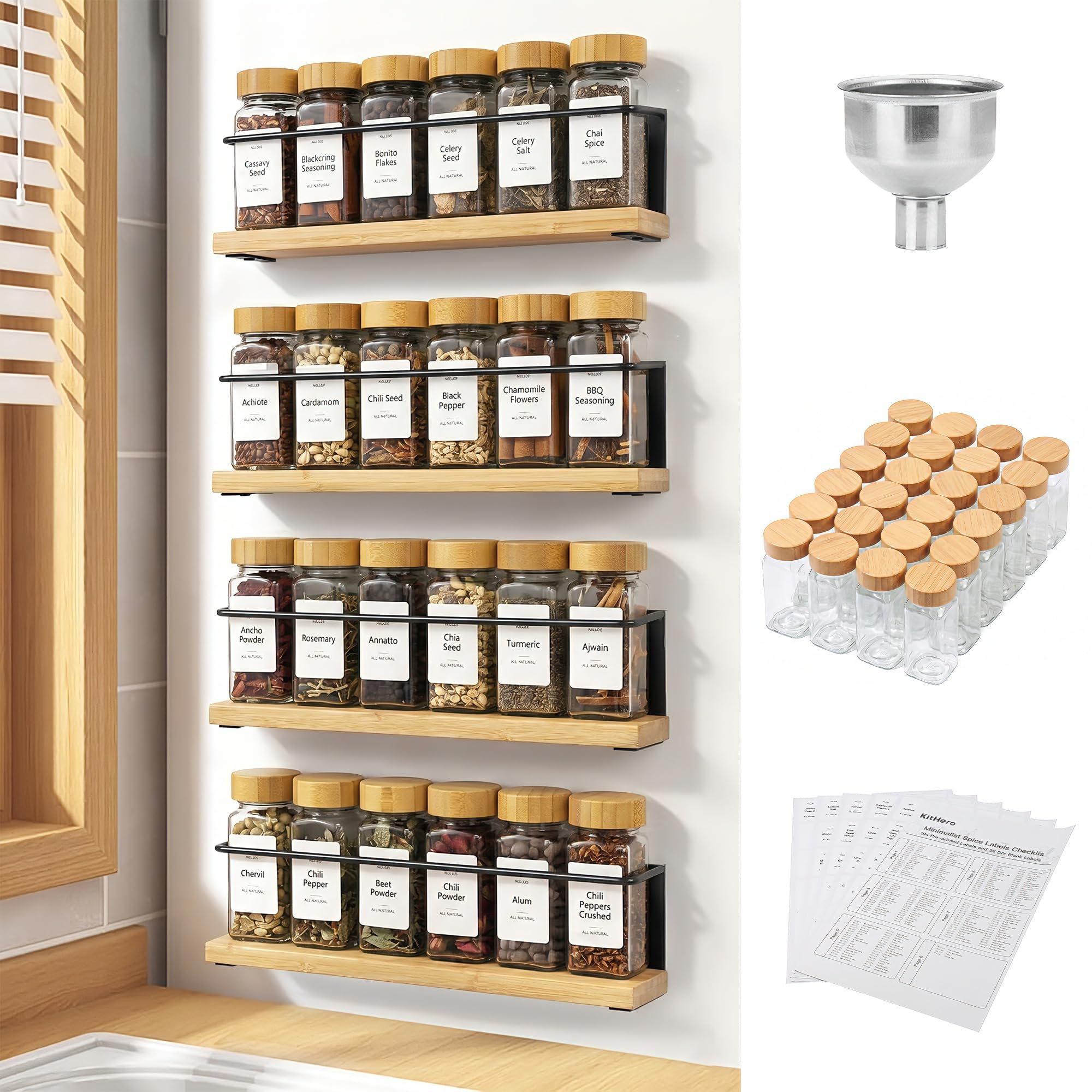 Magnetisches Gewürzregal aus Bambus für Kühlschrank, platzsparendes Komplett-Set mit 24 Bambusdeckel-Glasbehältern, 216 wasserdichten Etiketten & Stahltrichter, Kühlschrank-Gewürz-Organizer