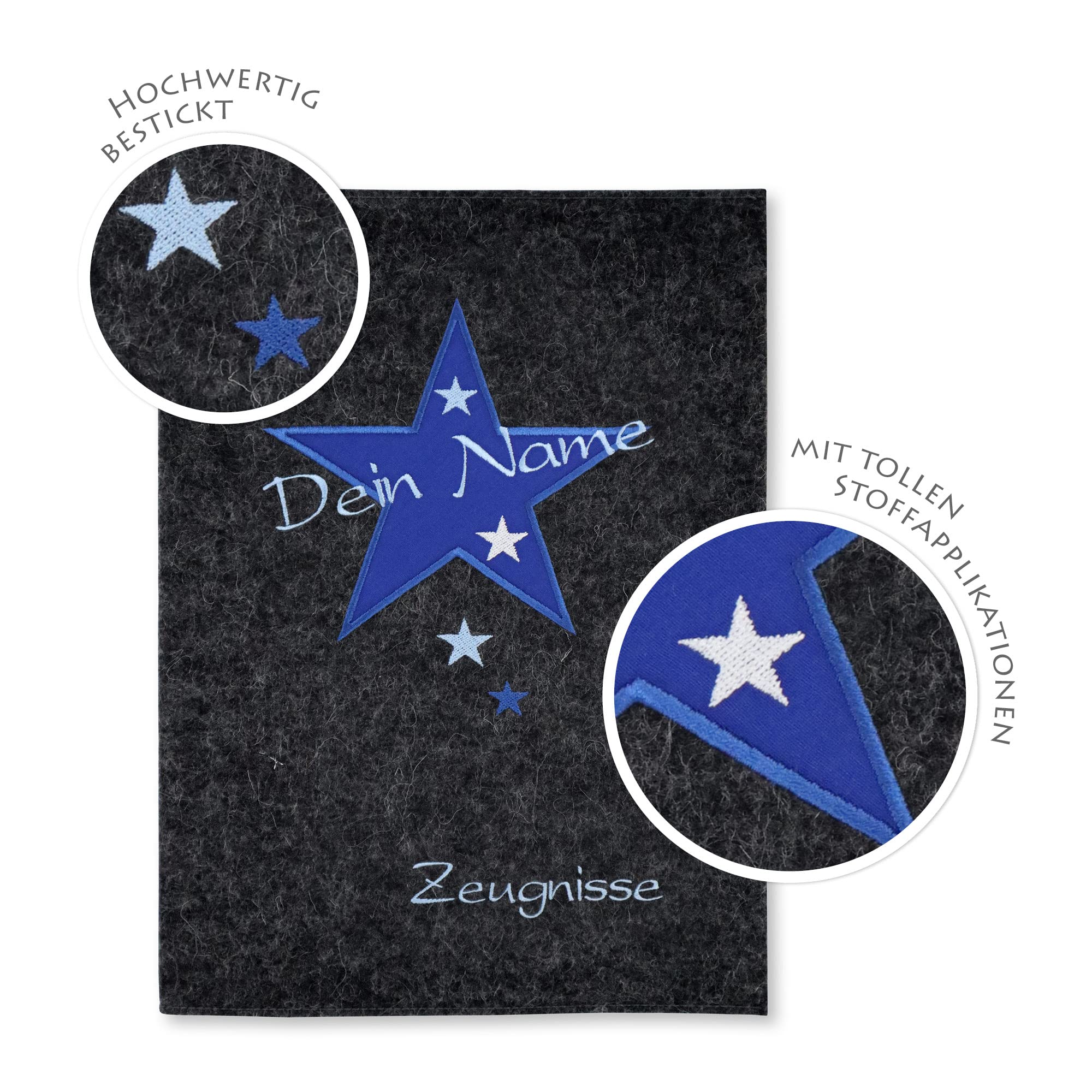 Zeugnismappe Stern anthrazit/blau personalisiert mit Namen 100% Wollfilzumschlag und Sichtbuch DIN A4 mit 20 Hüllen