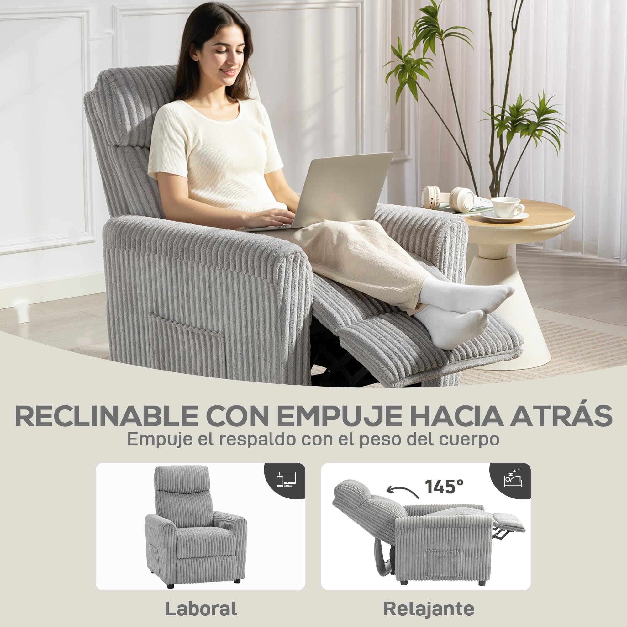 HOMCOM Sillón Relax Reclinable, Sillón Reclinable Manual, Tapizado en Pana, Instalación Rápida, Reposapiés, Acolchado Grueso, para Salón, Dormitorio, Oficina, Gris Claro