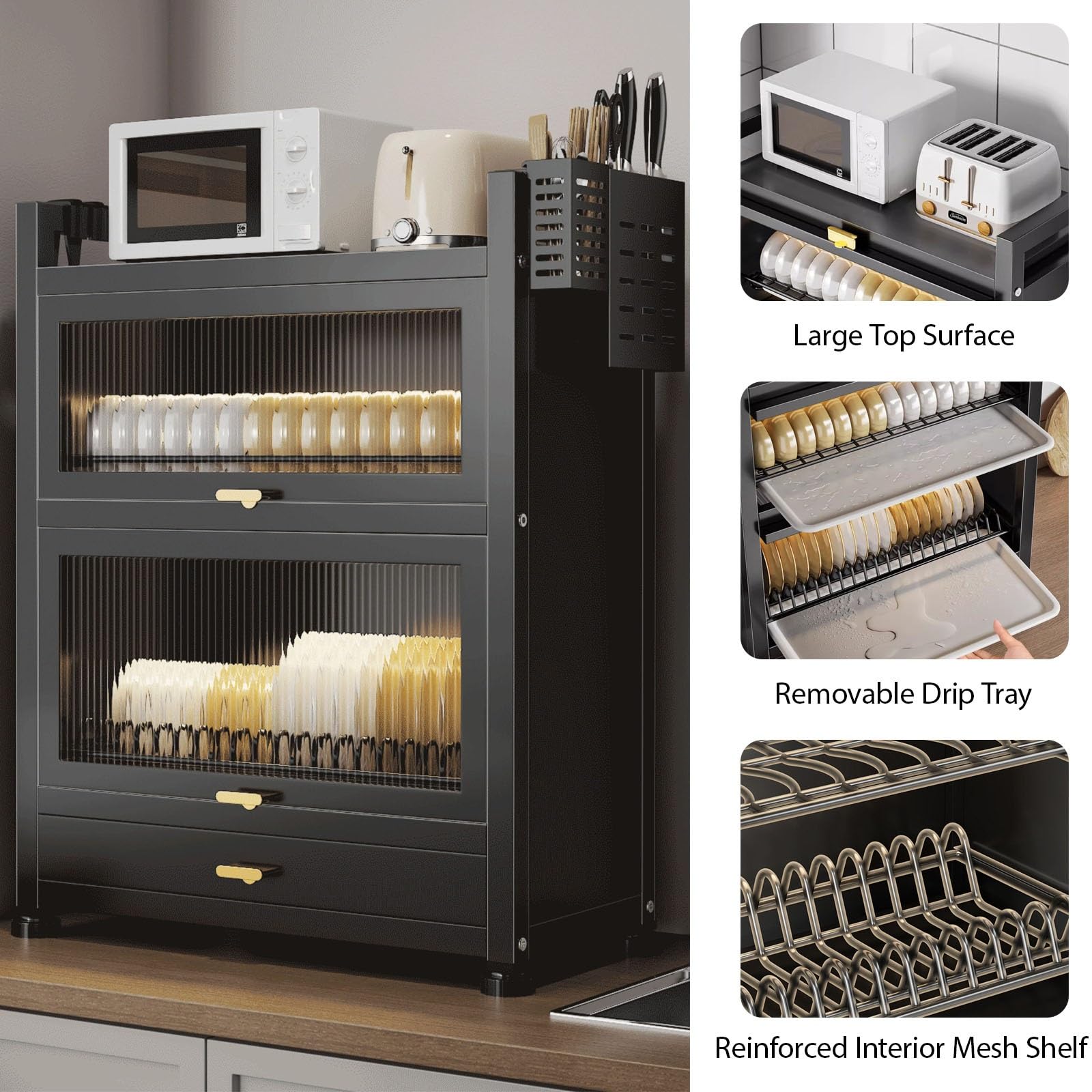 Organizador de fregadero de cocina con puerta abatible, estante de almacenamiento de 2 niveles, estante ajustable para platos, vasos, cuencos y cubiertos, organizador de cocina multifuncional