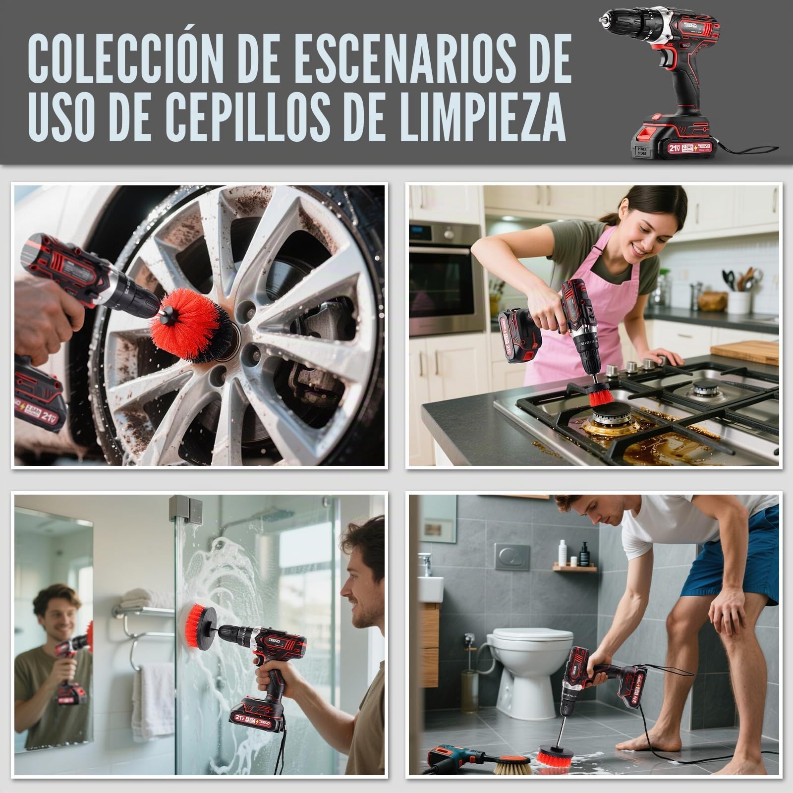 TEENO Taladro Atornillador Inalámbrico para Batería Makita de 21V 2 * 2,0 Ah Baterías, 45 Nm,25+3 Configuraciones de Par,Incluye 3 cepillos de limpieza,2 Velocidades, LED, 34 Accesorios y Maletín