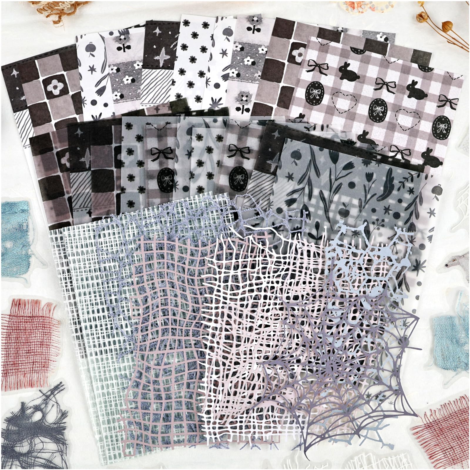 Diuhofart 47 Sheets Scrapbook Textured Papers for Crafts, Grey Theme Hollow Mesh Decorative Paper Sticker, Collage Materials for Junk Journaling Supplies, Scrap Book