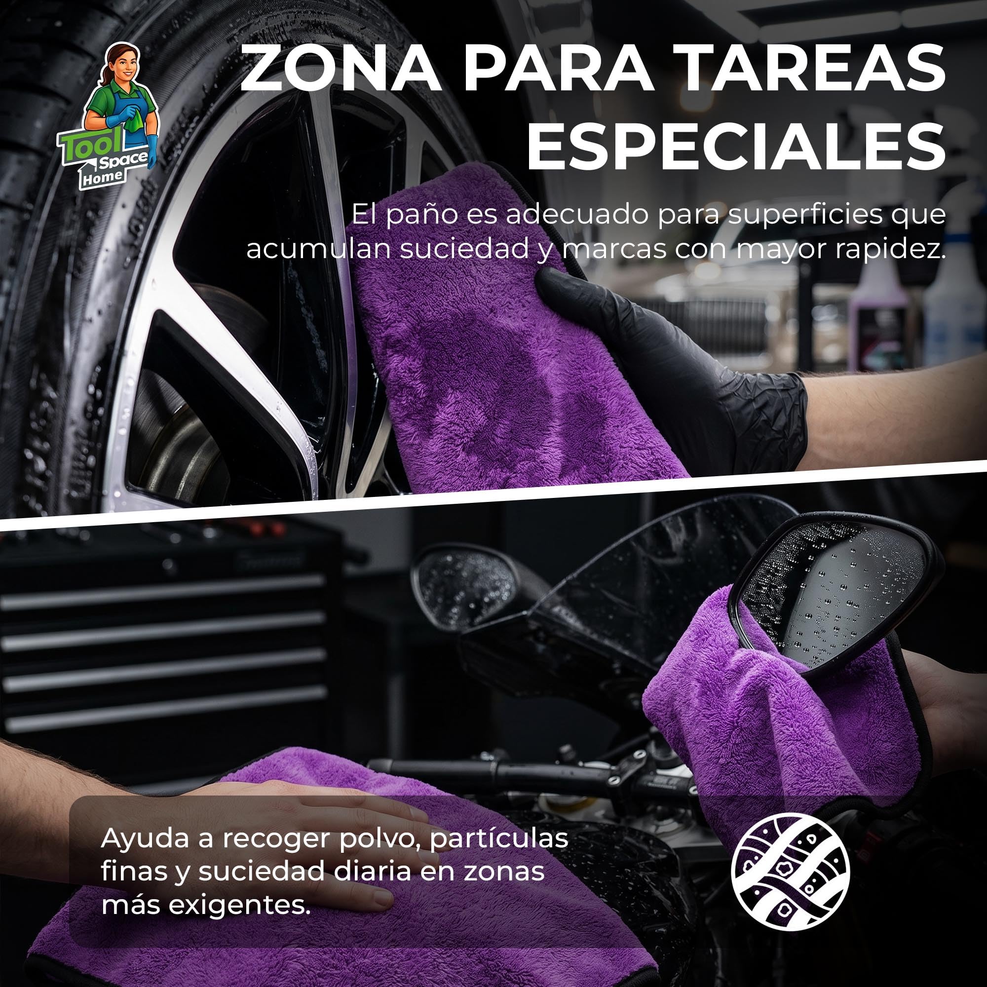 ToolSpace Toallas Microfibra Coche 38x46 cm 3 Unidades 600 gsm Absorbentes Suaves Sin Rayas para Lavado Secado Carrocería Cristales Llantas Detailing Auto Garaje Taller Premium