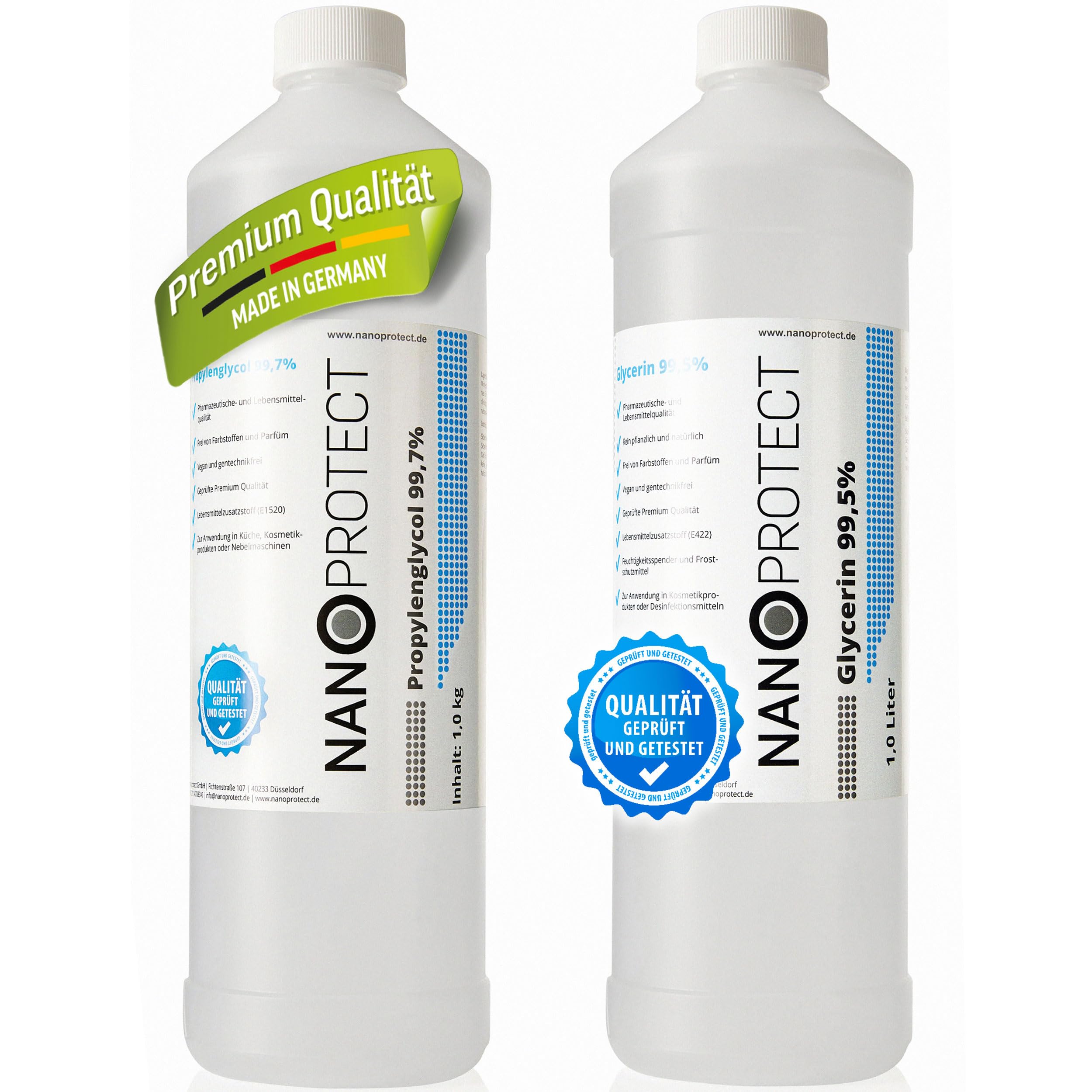 Nanoprotect | VG PG 2x1L/kg | Glycerin 99,5% E422 | Propylenglycol 99,7% E1520 | Pflanzlich Pharmaqualität | Höchste Reinheit | Perfektes DIY-Nebelfluid für Disko und mehr - Made in Germany
