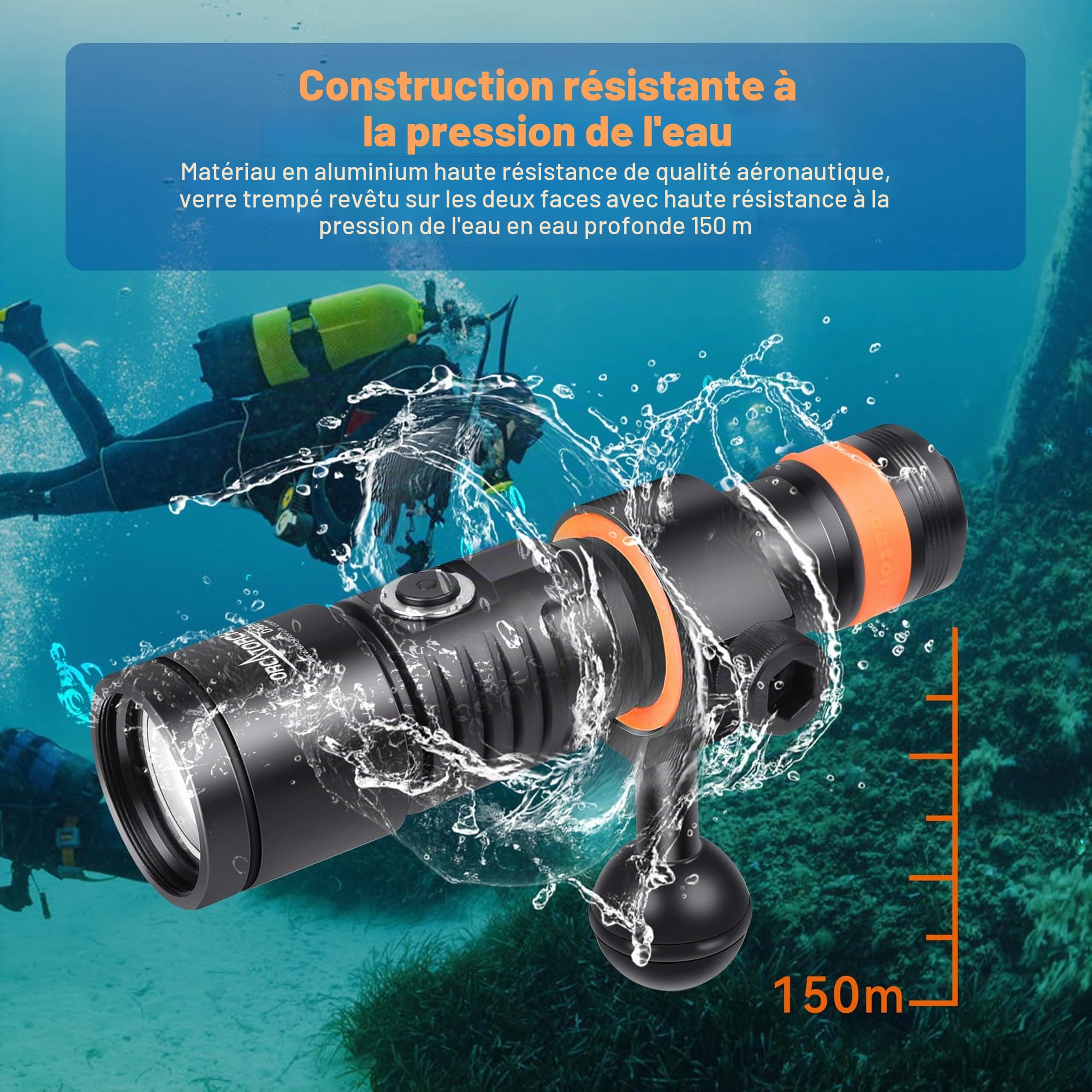 ORCATORCH D530V Lampes de Plongée Rechargeable, 1200 Lumen Lampe Vidéo de Plongée Sous Marine 140 Degrés Super Grand Angle de Faisceau, 150 Mètres Sous l'eau Avec Fonction de Verrouillage de Sécurité