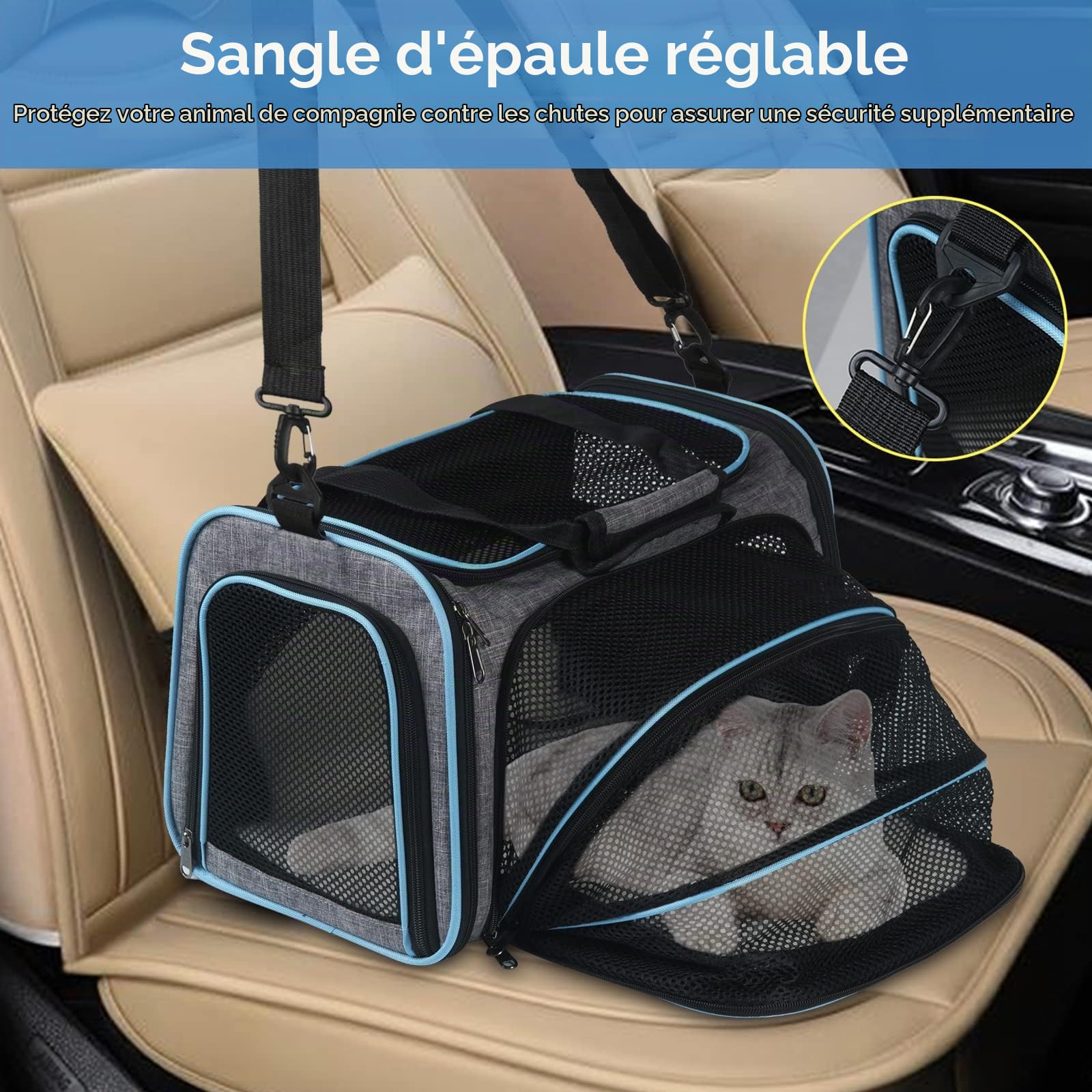 Sac de Transport Chat Chien Extensible Respirant, Sac à Main Bandoulière Pliable pour Animal de Compagnie avec Matelas Amovible, Cage de Transport pour Camping Randonnées Voyage (M)