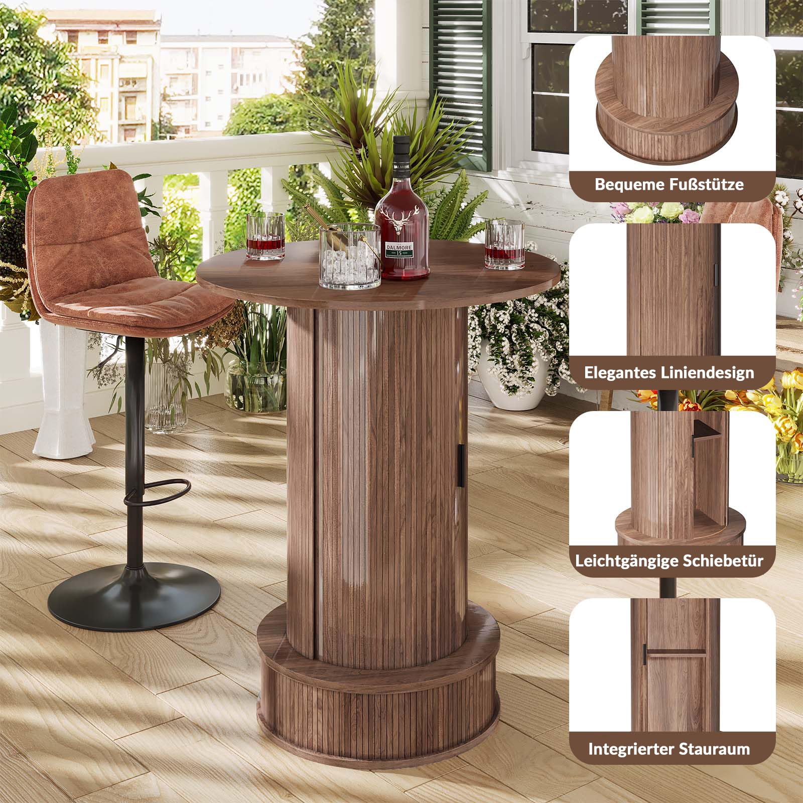Runder Bartisch mit zweistufigem, verstecktem Stauraum und Weinglasablage, 97 cm hoch, rustikaler Cocktailtisch/Stehtisch mit Fußstütze und Schiebetür für Bars, Esszimmer, Wohnzimmer