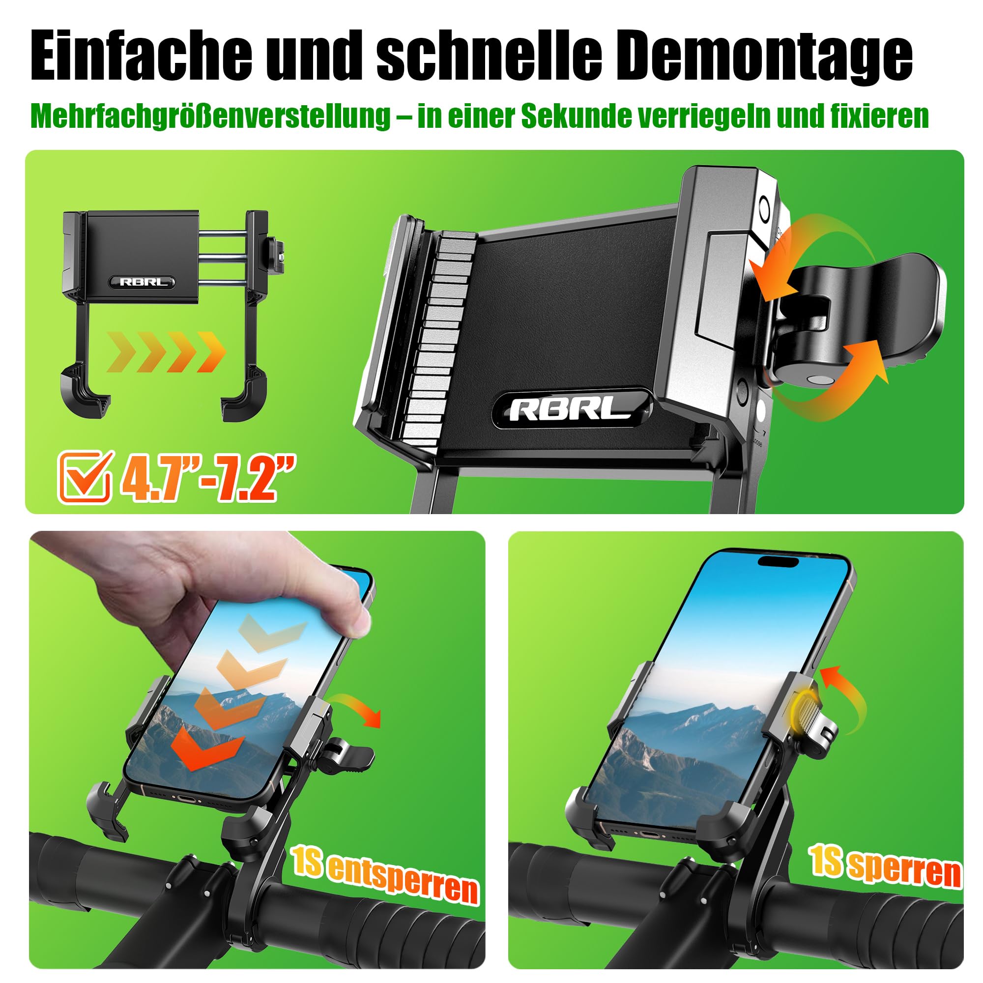 RBRL Fahrrad Handyhalterung Ebike, 1s Schnellspanner Lenker Handyhalter, CNC Aluminium für maximale Stabilität, Anti-Vibrations V-Klemme für Fahrrad, keine Kamera-Blockierung, 4,7–7,2 Zoll Smartphones