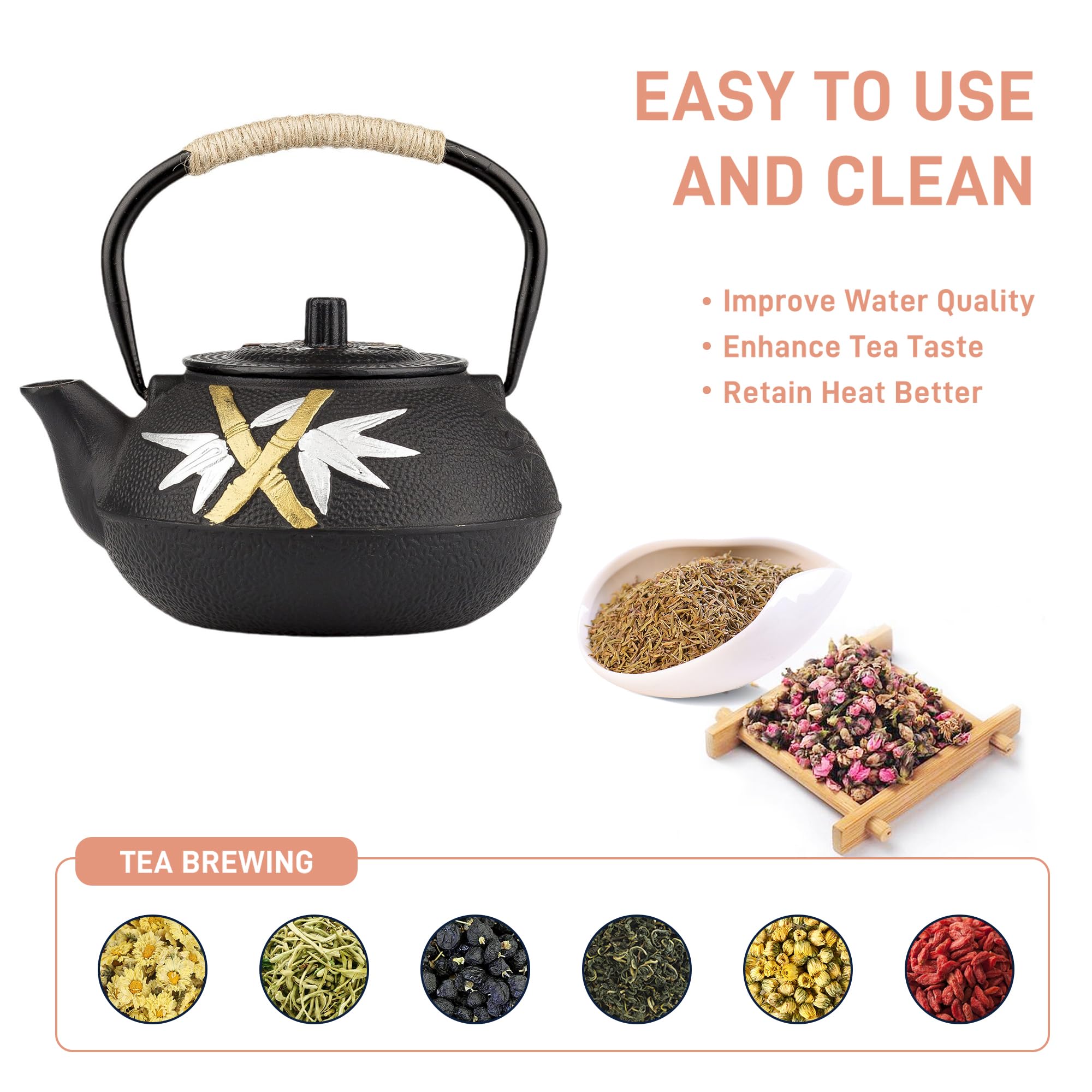 Tetera de hierro fundido, tetera japonesa de hierro fundido con infusor de acero inoxidable para estufa segura (27 onzas/800 ml)