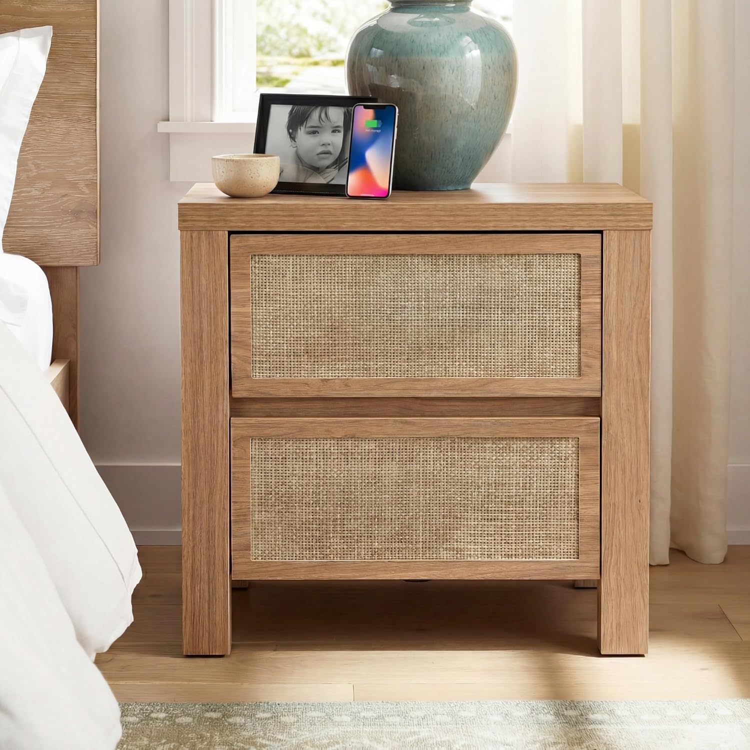 XIAO WEI 23.6" W Rattan Nightstand with Charging Station, Boho Bedside Table with 2 Drawers, Farmhouse End Table for Bedroom, Wood Accent Bed Side Table with Storage, Reclaimed Light Oak