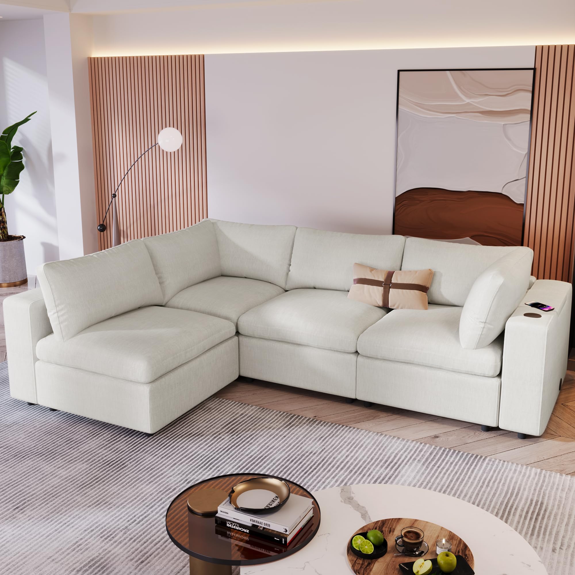 Kevinplus Modular Sectional Sofa with USB & Bluetooth, Beige