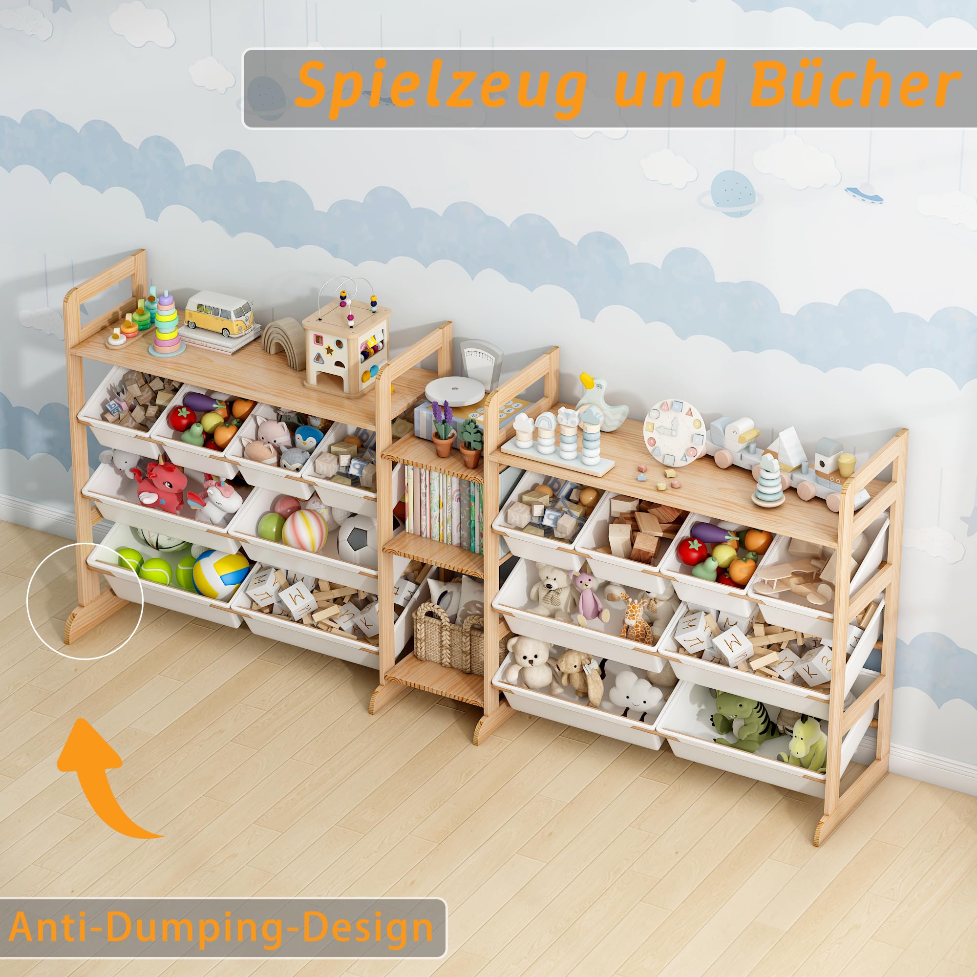 188cm Breit Spielzeug-Organizer Holz mit 16 Spielzeug Organizer, Bücherregal Kinder Holz, Regal für Kinderzimmer Leseecke, Kinder Aufbewahrungsbox für Schlafzimmer, Kinderzimmer, Arbeitszimmer