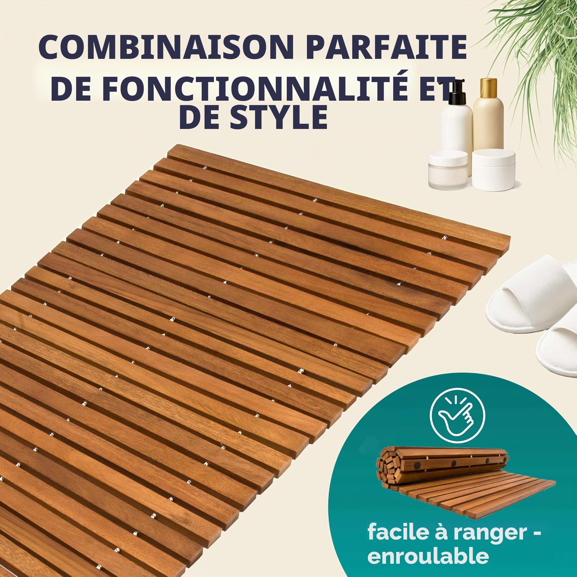 Tapis de Bain en Bois d'Acacia Antidérapant 76 x 50 cm Caillebotis Salle de Bain