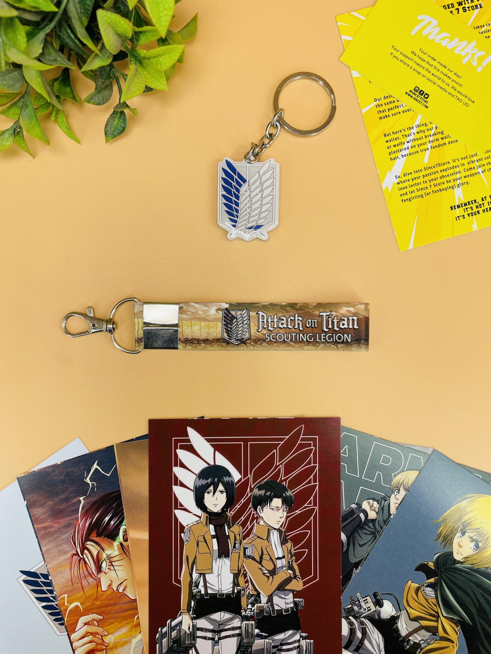 SINCE 7 STORE Attack On Titan 3 Item Gift Combo: 9 Self adhesive mini posters, 1 Double Sided Keychain, 1 Key-Tag - Gift For Anime Fans, Wall art, room decor, birthday, Merch