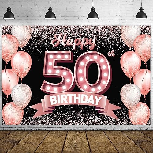 Cartel de feliz cumpleaños número 50 de oro rosa con texto en inglés Cheers to 50 años de confeti globos temáticos decoraciones para mujeres de 50
