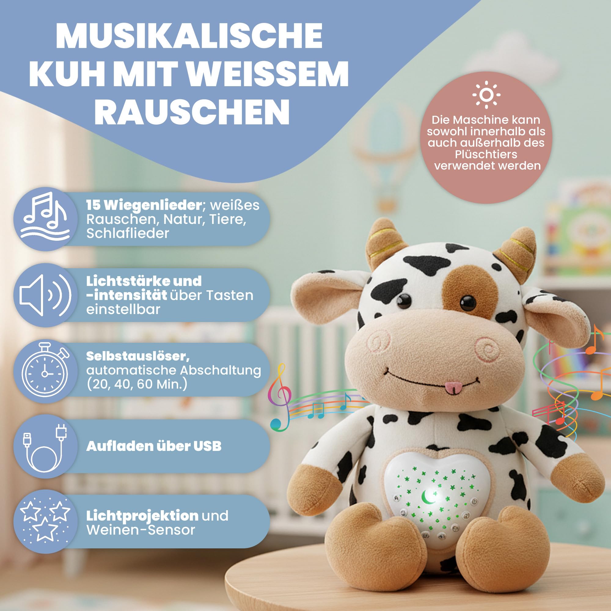 Kuschelspielzeug Kuh mit weißem Rauschen Maschine Baby & Baby Nachtlicht - USB Wiederaufladbar, Auto Timer 20/40/60 Min, Waschbar - Ideal als Spieluhr Baby Jungen und Einschlafhilfe für Babys