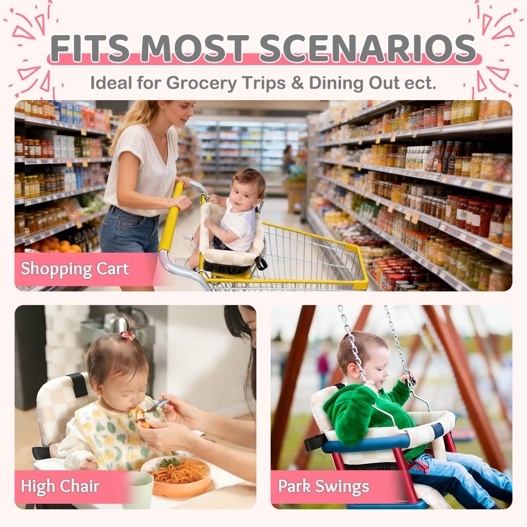 Portable Baby Shopping Cart Seat, High Chair Cover for Outdoor, One-Hand Installation Cart Seat Cover, Comfortable and Supportive Foam-Padded, Grocery Cart Baby Seat – Pink Checkered - 5