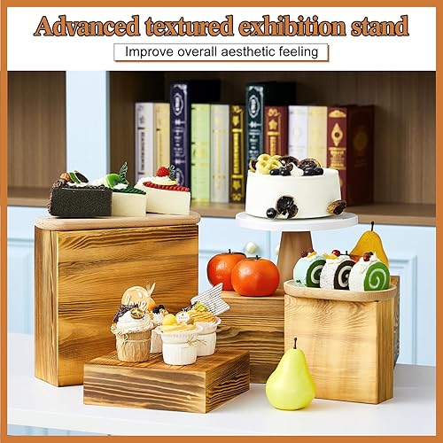 Miniatura 4 de Roowest Juego de 4 elevadores de madera grandes de 11.8 pulgadas, 10 pulgadas, 7.8 pulgadas, 6.3 pulgadas, soporte rústico para cupcakes, soportes