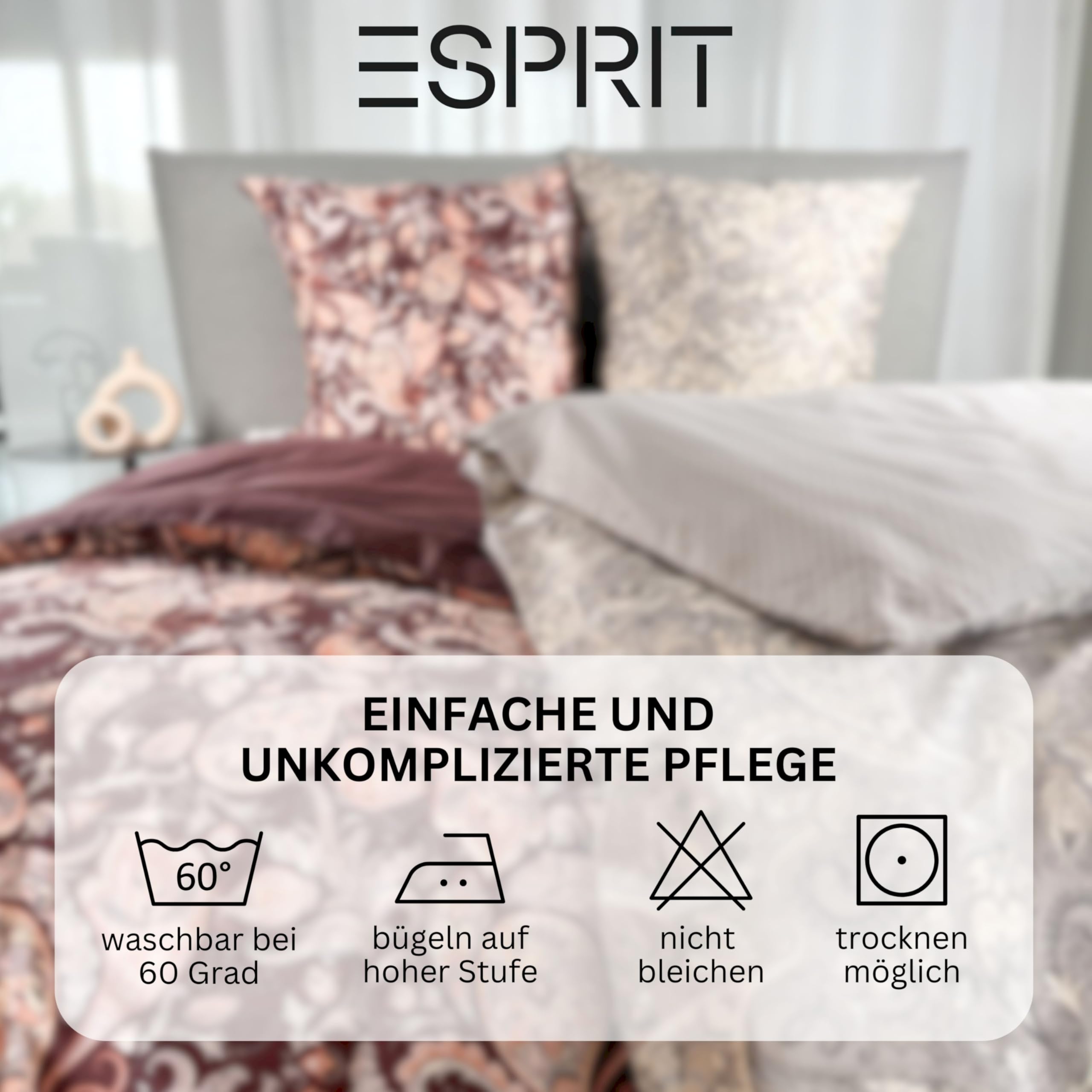 Juego de ropa de cama de satén Esprit 155x220 algodón gris - Funda nórdica de Boho Paisley + Funda de almohada 80x80 cm - Juego de ropa de cama de lujo de 2 piezas en calidad hotelera con cremallera