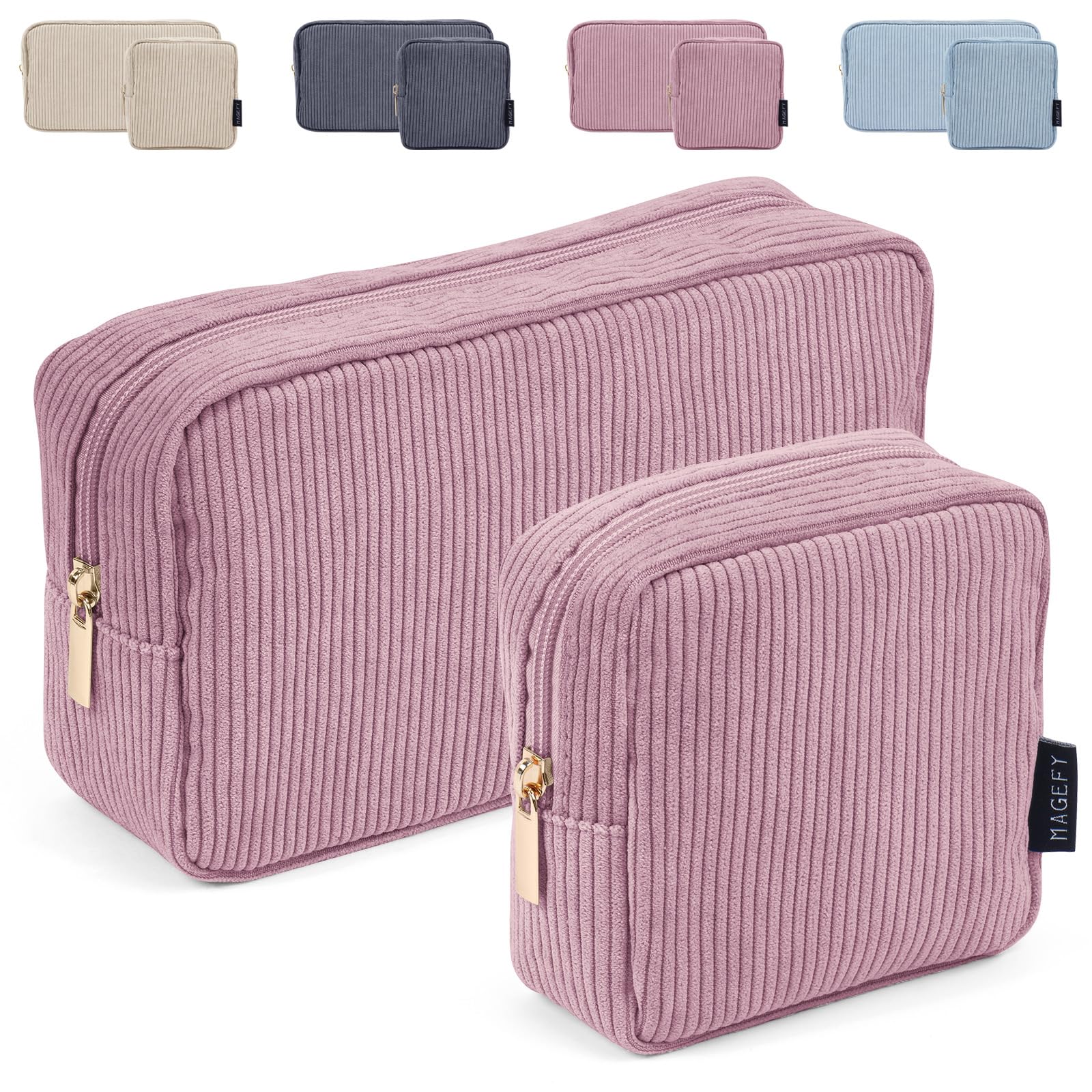 Makeup Bag MAGEFY 2 Pcs Small Makeup Bag for Handbag Corduroy Make up Bag with Compartments Travel Makeup Pouch for Women (Pink)
