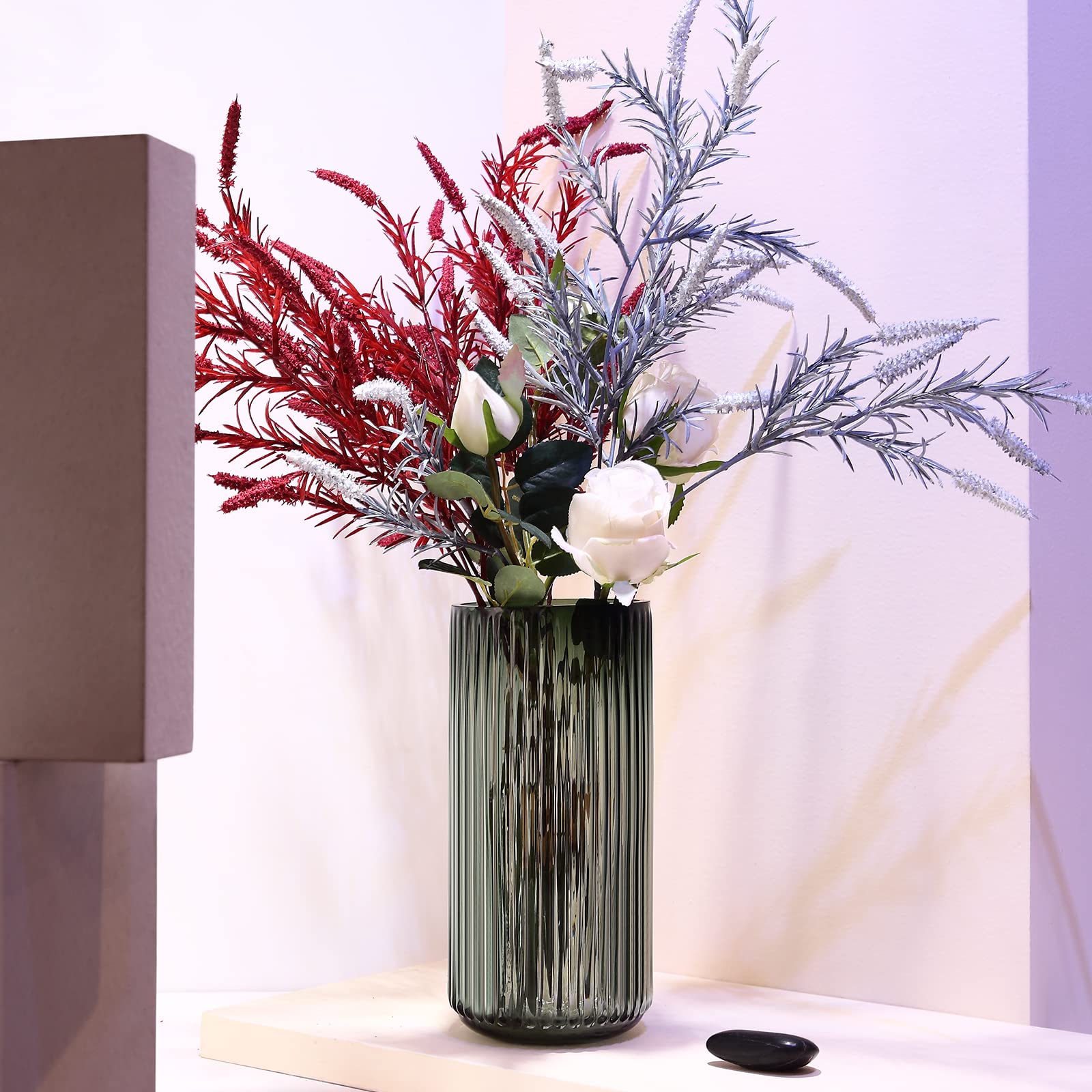 Florero Grande de Vidrio Verde Acanalado con Forma de Cilindro para decoración de centros de Mesa de Comedor de Estilo rústico