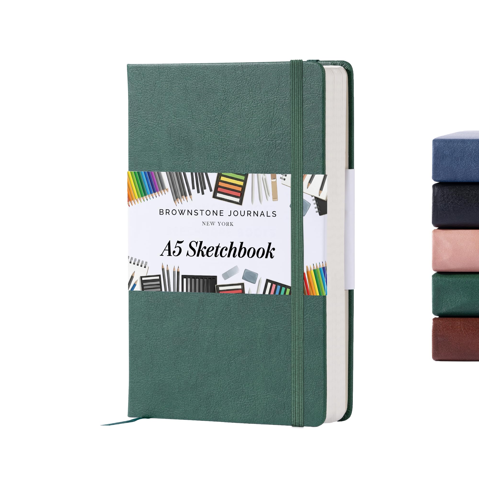 Brownstone Journals Dartmouth Green A5 Sketch Book Hardcover - 80 Sheets 100 Gsm Paper 5"X8", Lay Flat, Vegan Leather Cover, Elastic Band, Back Pocket, Art Drawing Book (Dartmouth Green)