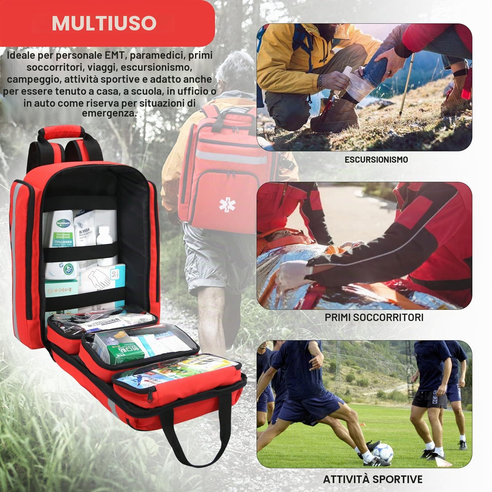 Zaino Medico di Emergenza, Borsa di Primo Soccorso Vuota,Borsa trauma per primo soccorso, con catarifrangente,Grande Capacità(rosso)