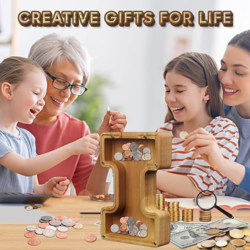 Miniatura 42 de Alcancía para niños y niñas, hucha grande de 26 letras del alfabeto inglés, madera personalizada, caja de ahorro de dinero con nombre personalizado