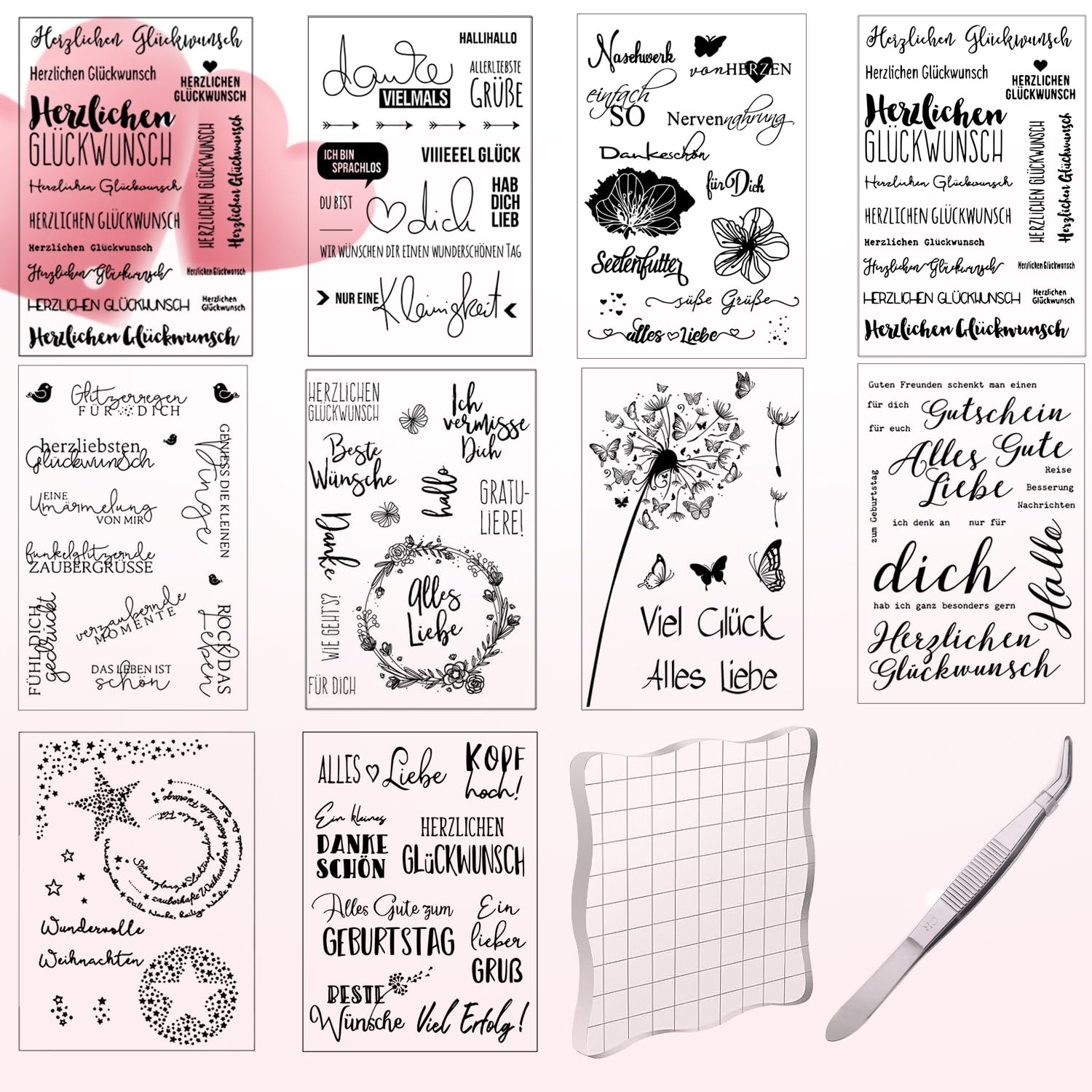 Set Di Timbri Trasparenti In Silicone – 10 Pezzi Con 2 Blocchi Acrilici E 2 Tamponi Inchiostro – Per Scrapbooking E Biglietti - copertina