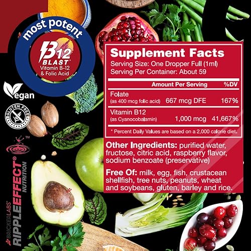 Miniatura 6 de B-12 Blast Suplemento líquido de vitamina B12 y ácido fólico, apoya la producción de energía, suplemento dietético de vitamina B12 líquida de gran