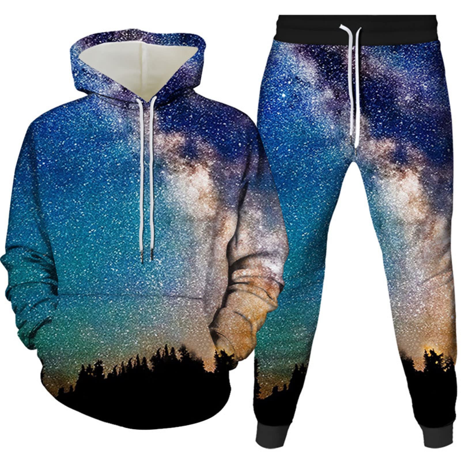 Tuta Uomini Autunno Stampa Digitale 3D Bella Cielo Stellato Felpa Con Cappuccio + Pantaloni 2 Set Di Moda Per Il Tempo Libero, 14, XL