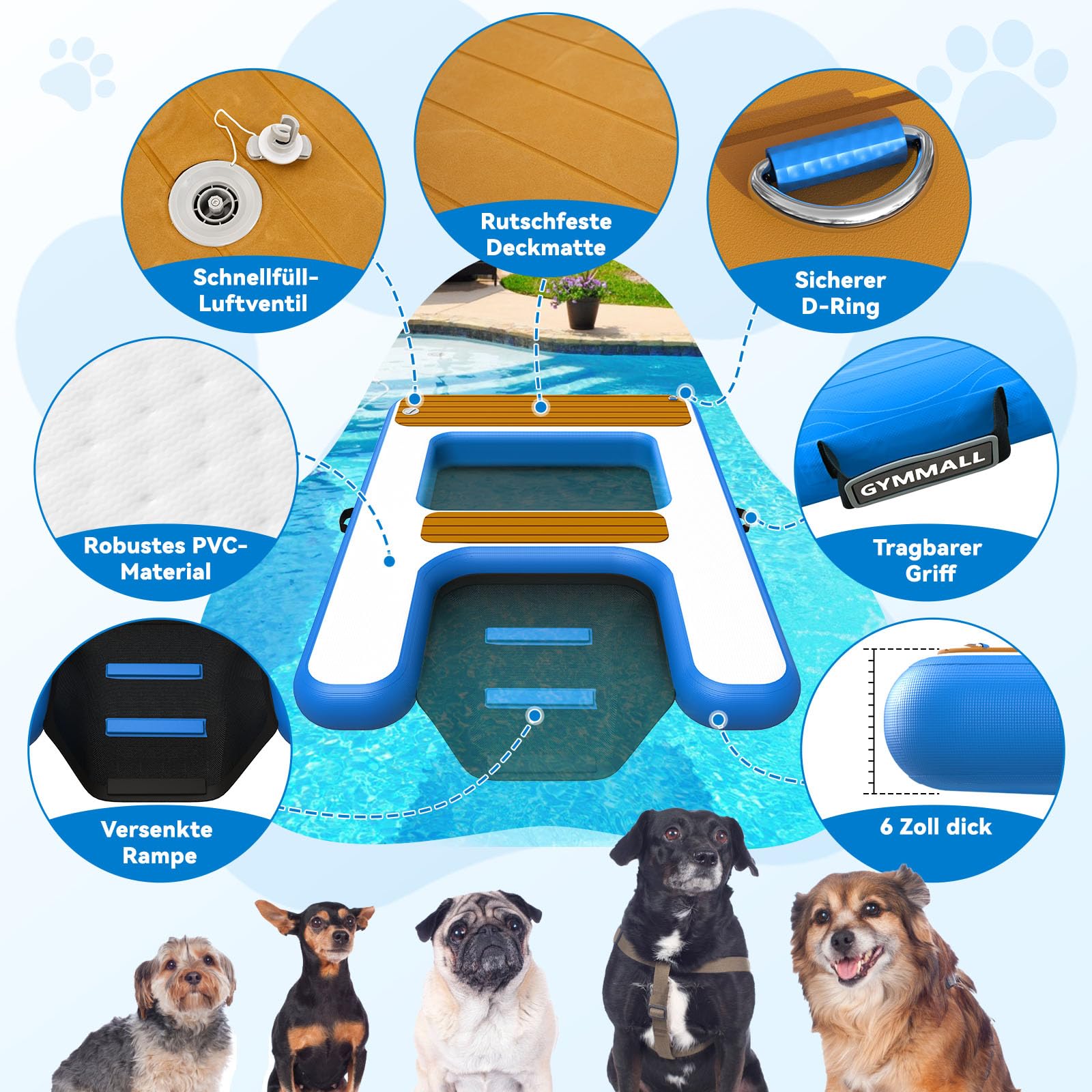 Aufblasbare Hunderampe, 170x120cm, Bis 150kg | Schwimmend, 2-in-1 Plattform & Rampe, Reißfest, für Boote/Pools/Docks, Gelenkschonend für ältere Hunde, einfache Lagerung