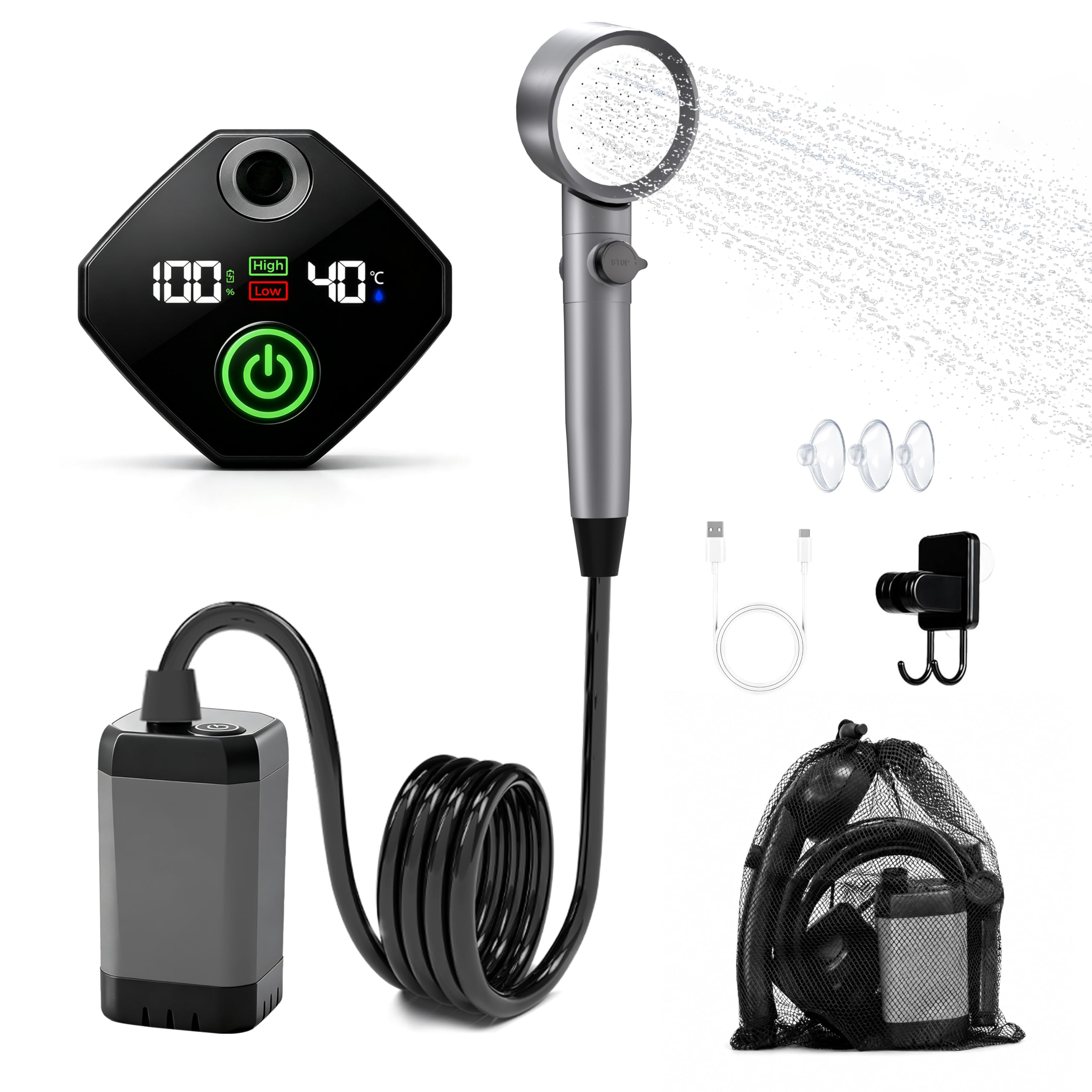 hillhub Portable Camping Shower Kit with 1500W Heater &amp; 6000mAh Pump