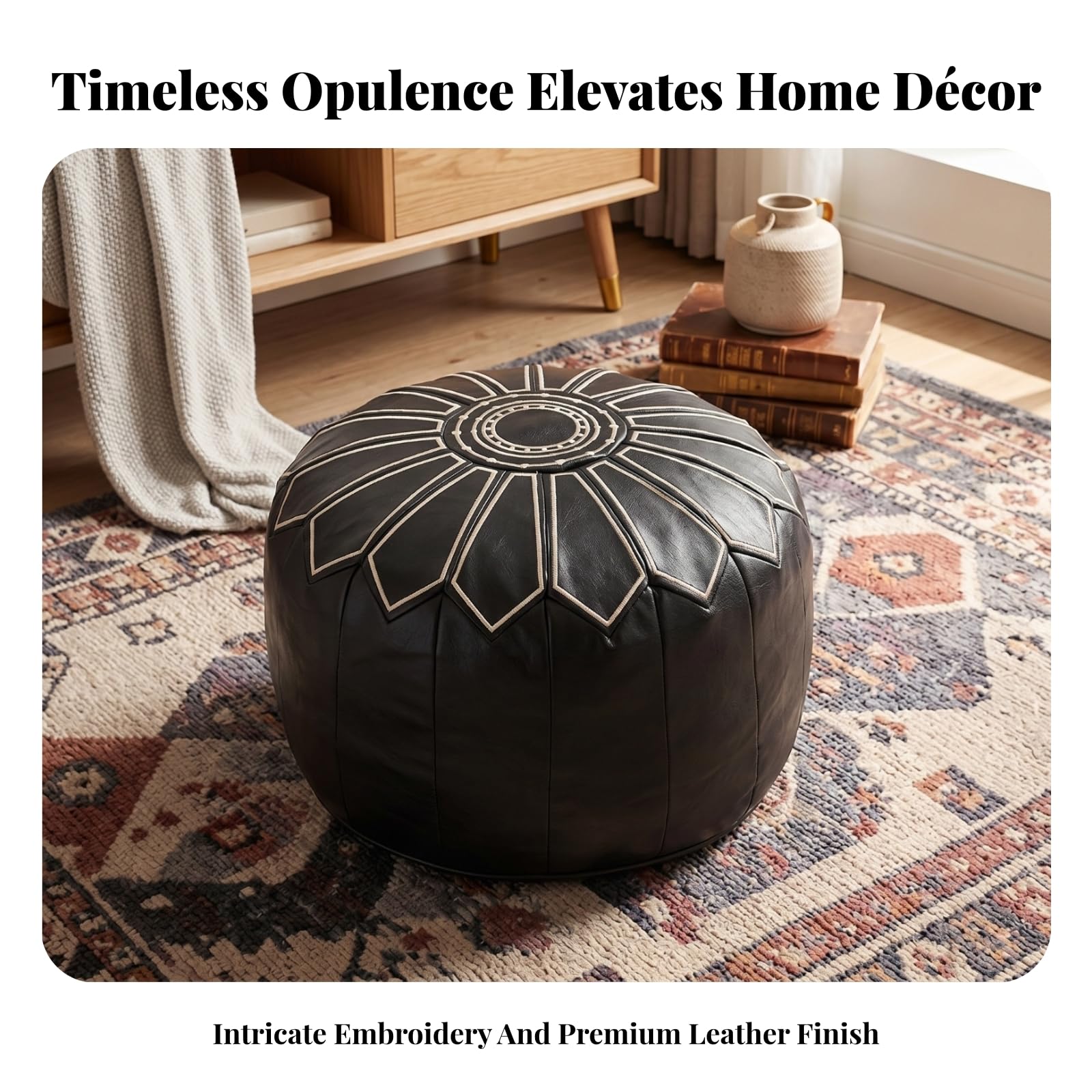 predolo Pouf Imbottito Rotondo Cuciture a Pannelli Pouf Decorato Ricamo Floreale, Marrone Scuro