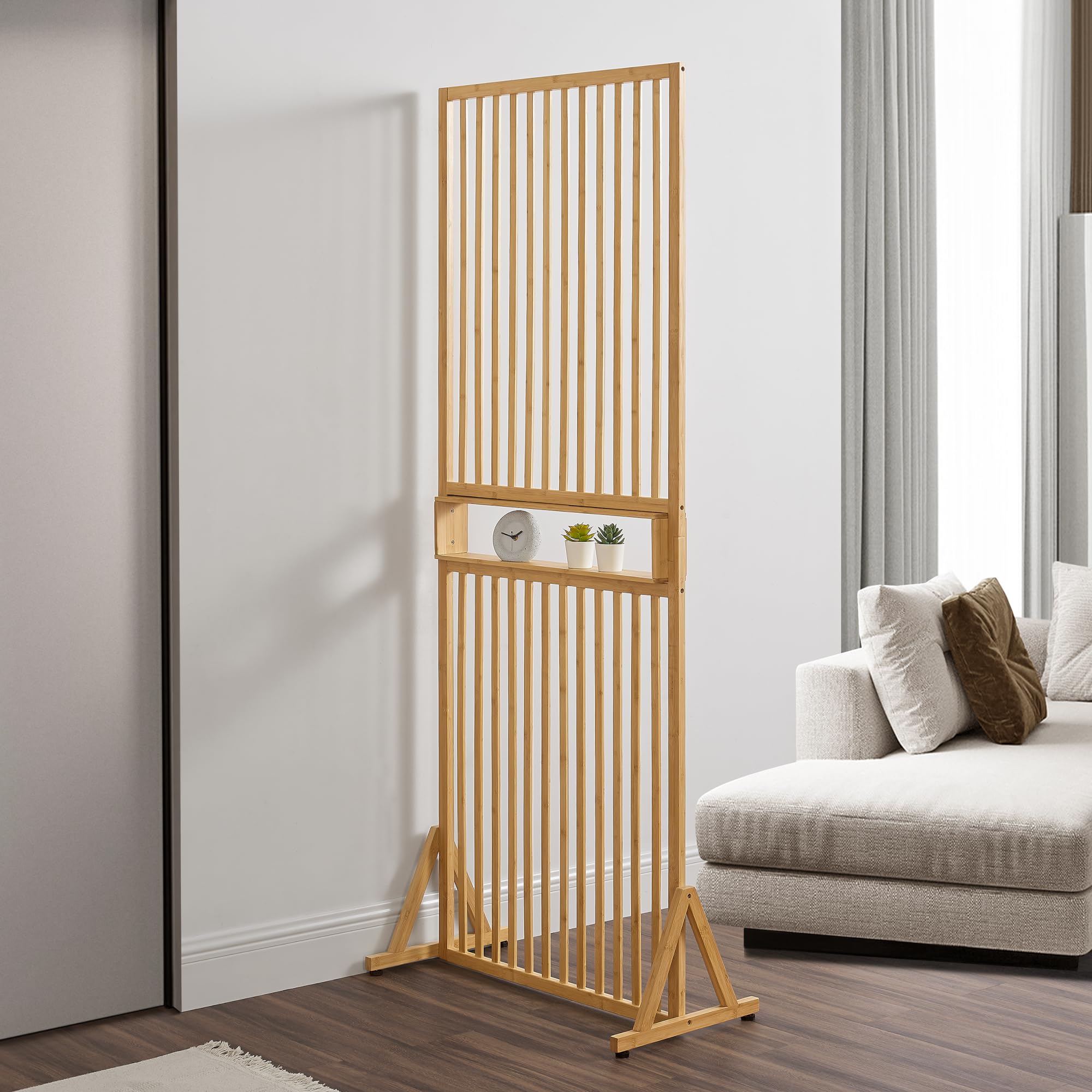 [en.​casa] Paravent Design Intemporel Séparateur de Pièce Élégant Brise-​Vue Cloison de Séparation pour Intérieur avec Surface de Rangement Bambou 197 x 76 x 40 cm Naturel
